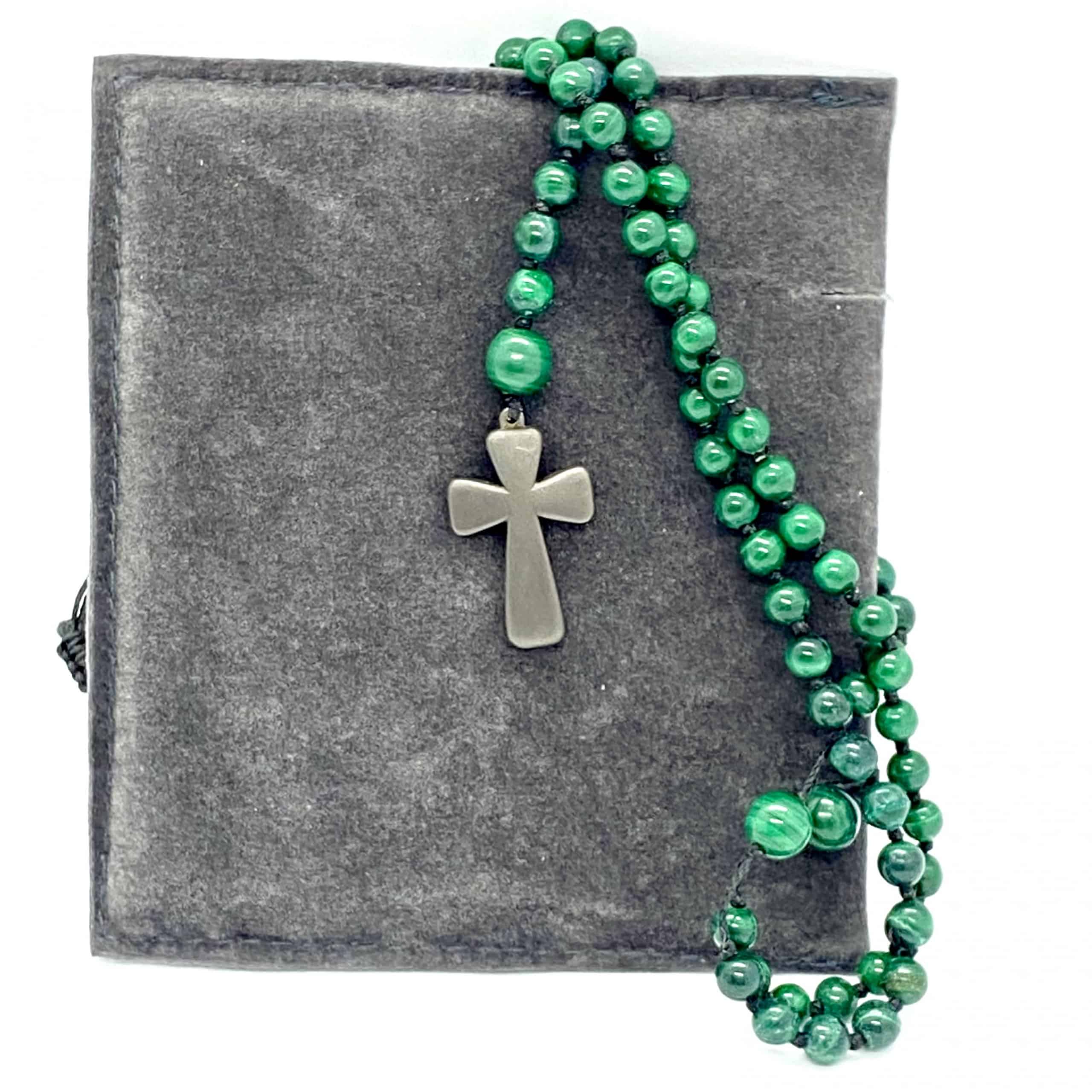 Rosary with silver hanging cross & malachite stones. — Melina Fachidis (3)