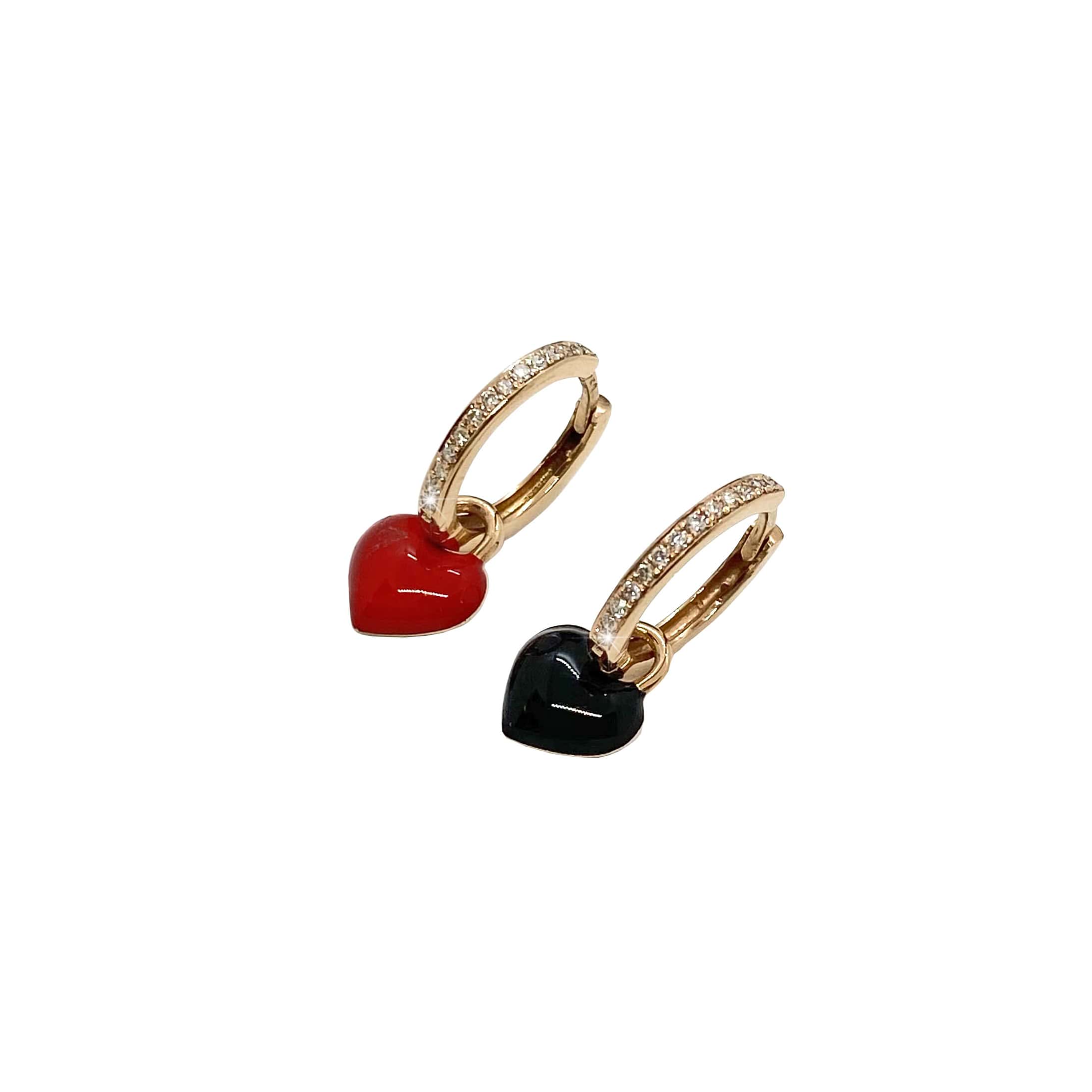 Heart enamel/diamond charms on diamond hoops — Melina Fachidis