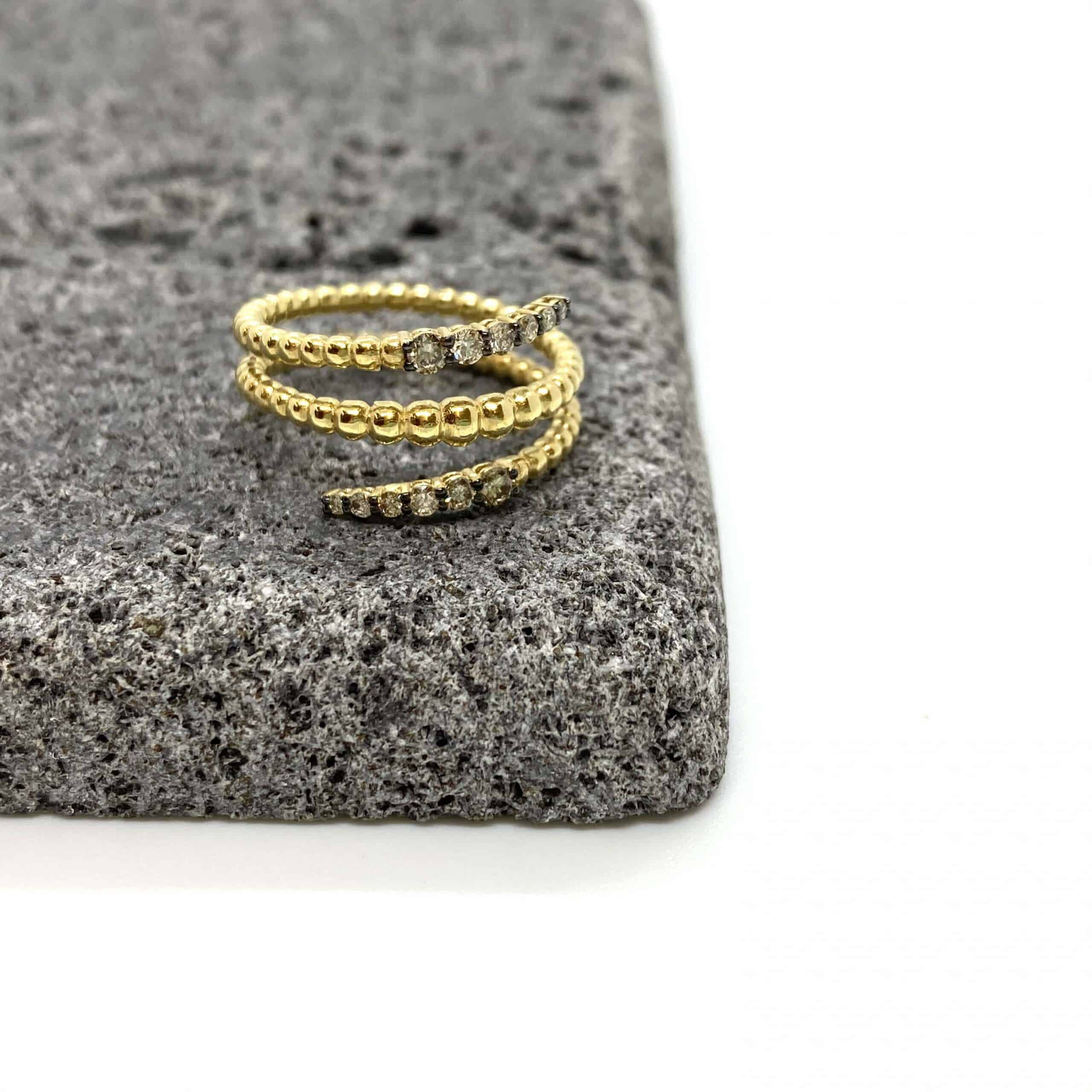 Spiral grained 18k solid gold ring with brown diamonds — Melina Fachidis (3)