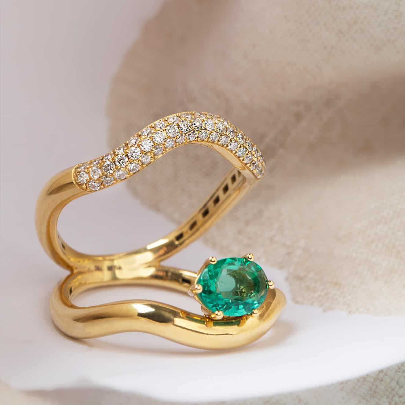 Double wavy ring with emerald and diamonds — Melina Fachidis (2)