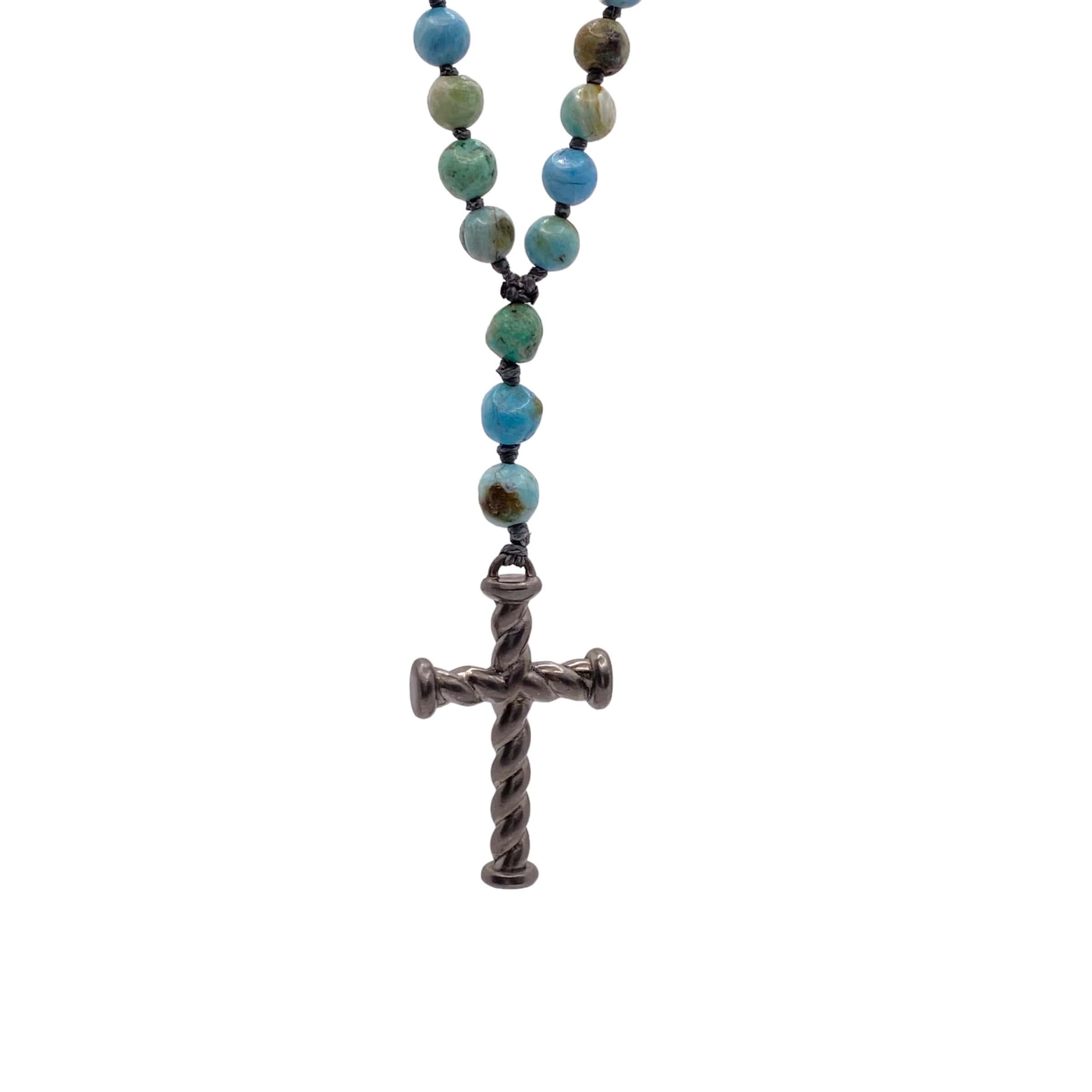 Mens twisted silver cross with turquoise rosary — Melina Fachidis