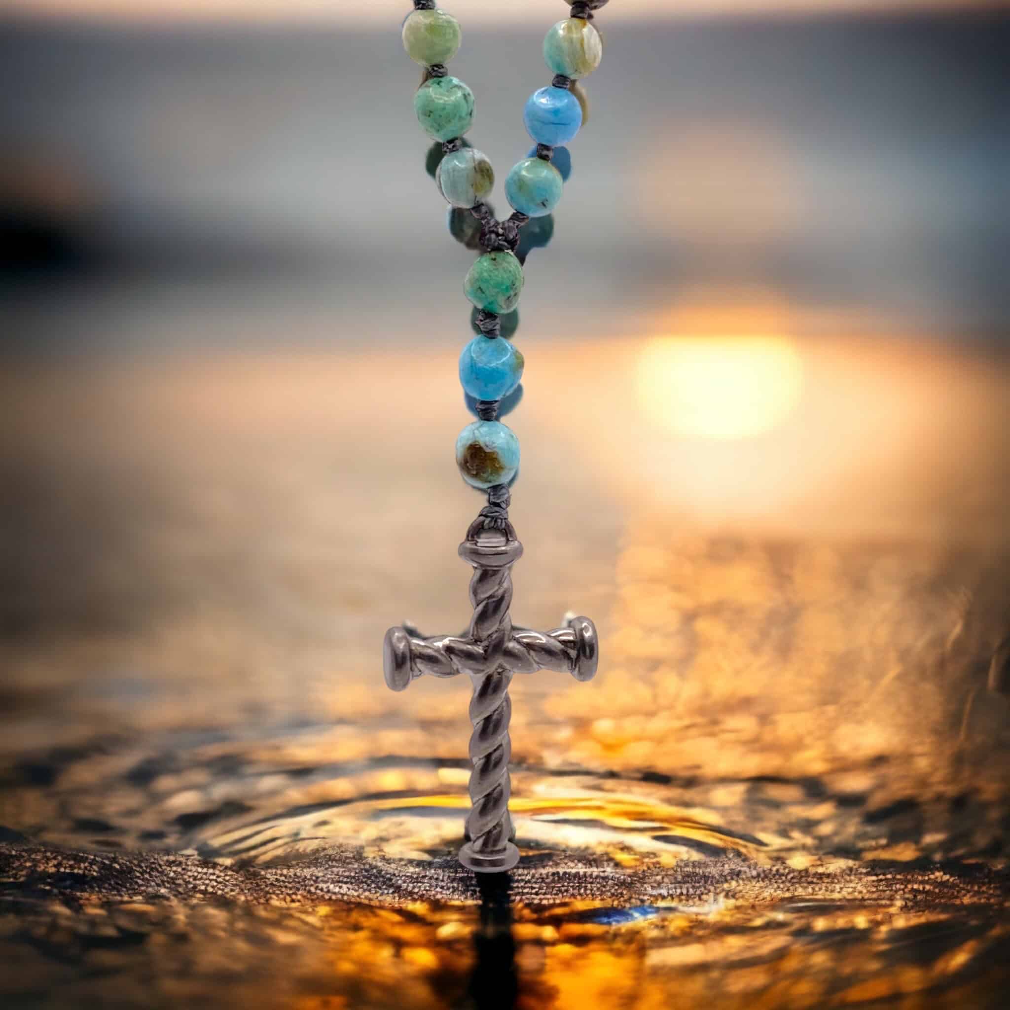 Mens twisted silver cross with turquoise rosary — Melina Fachidis (5)