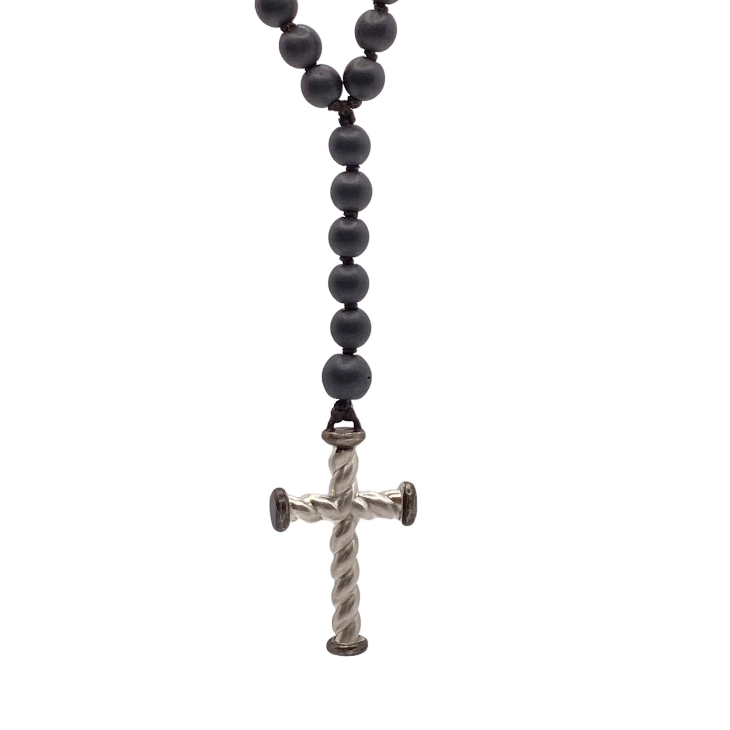 Mens twisted silver cross set on a hematite rosary — Melina Fachidis