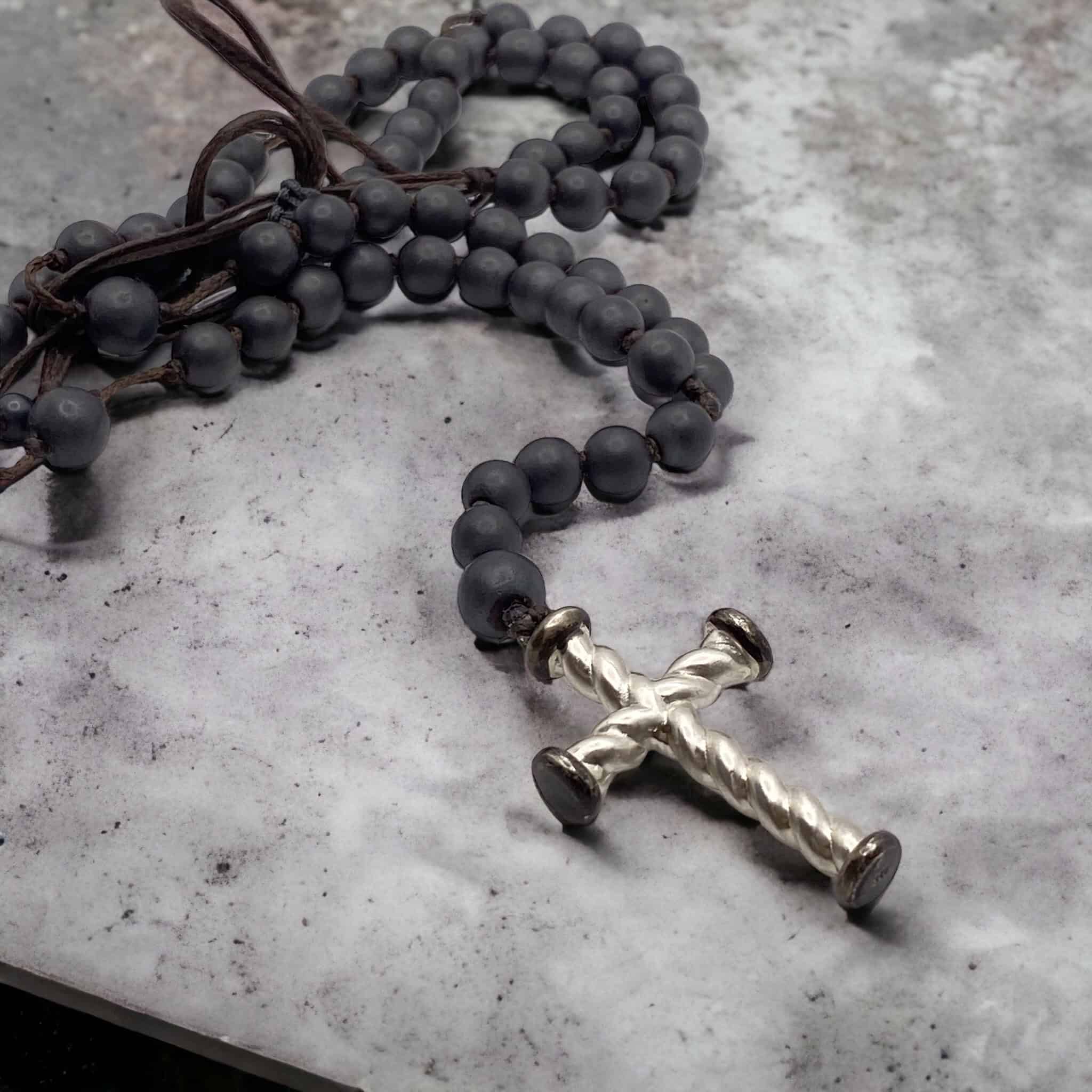 Mens twisted silver cross set on a hematite rosary — Melina Fachidis (6)