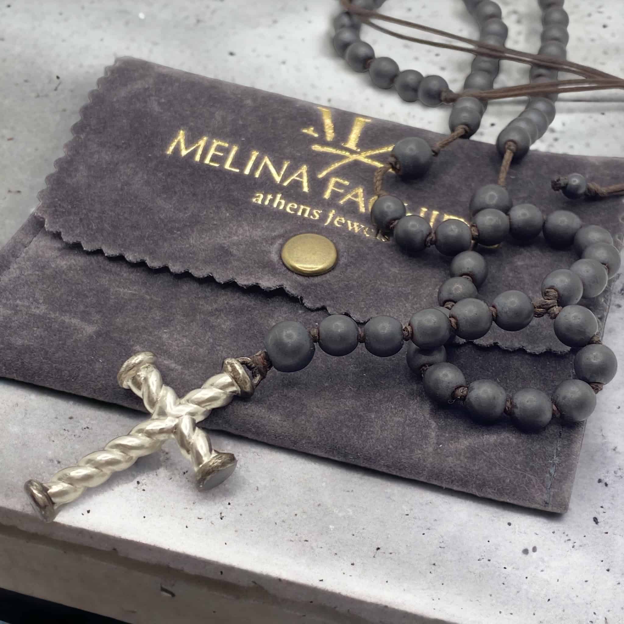 Mens twisted silver cross set on a hematite rosary — Melina Fachidis (7)
