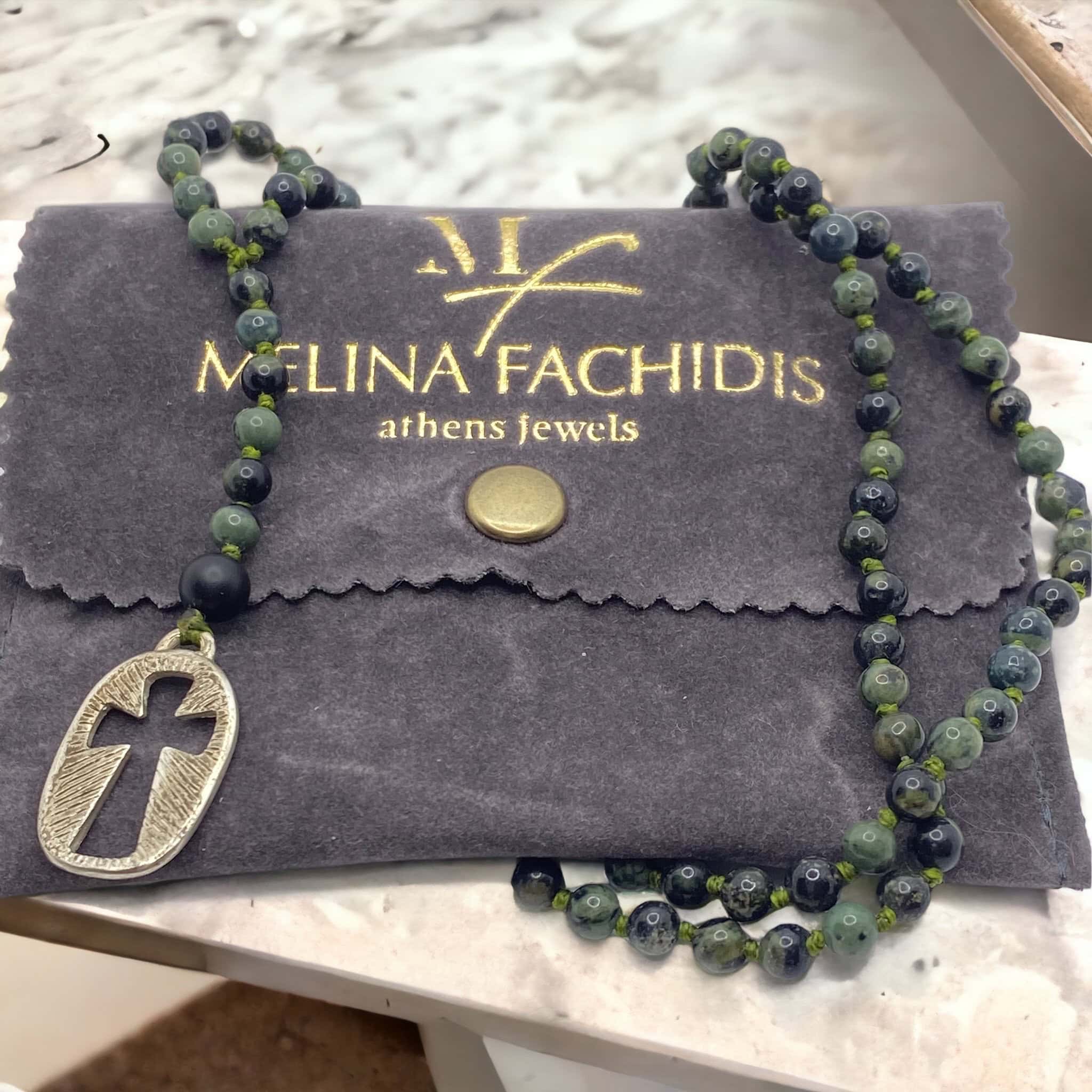 Mens oval-shaped cross with green agate rosary — Melina Fachidis (6)