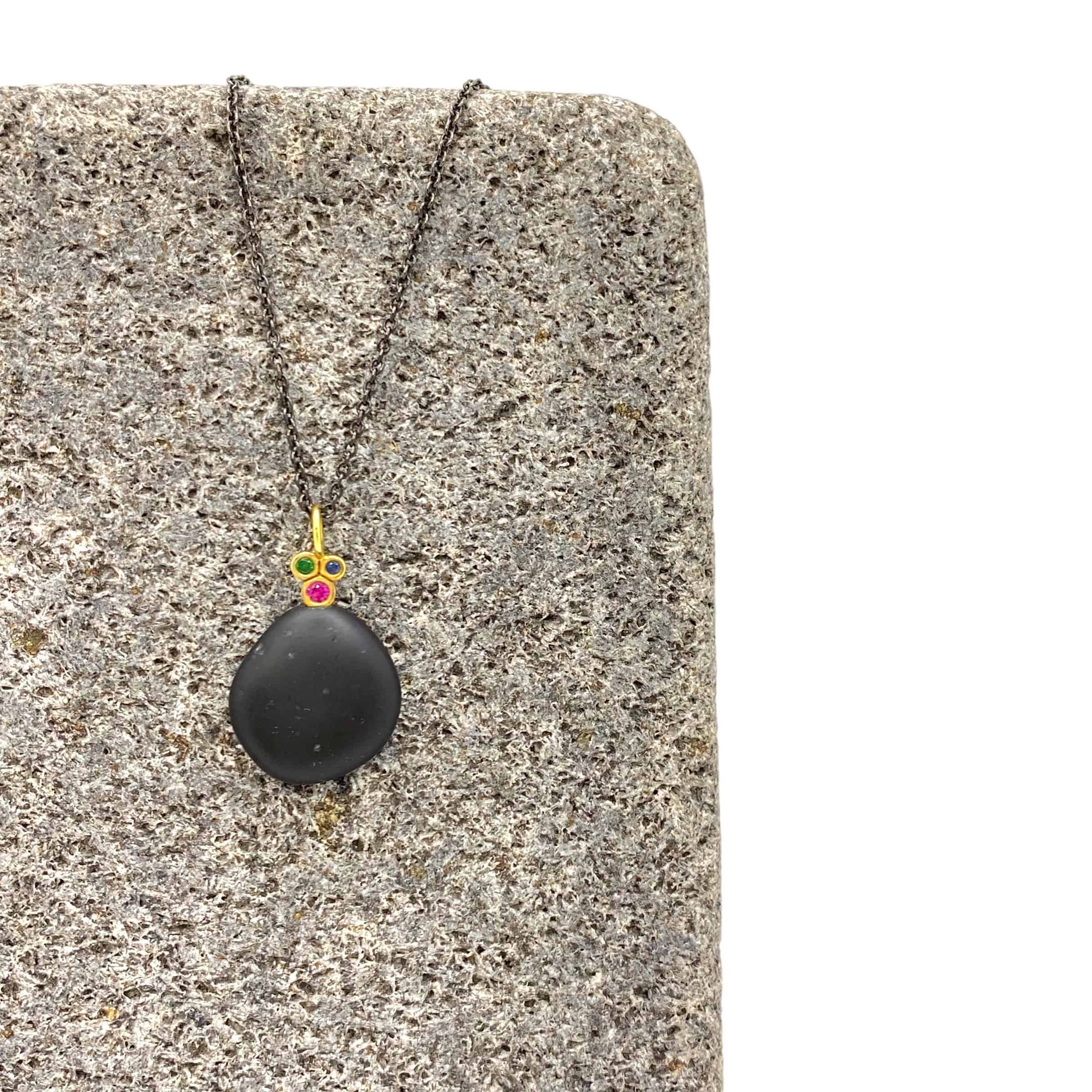Black sea pebble necklace with ruby, sapphire tzavorite — Melina Fachidis (3)