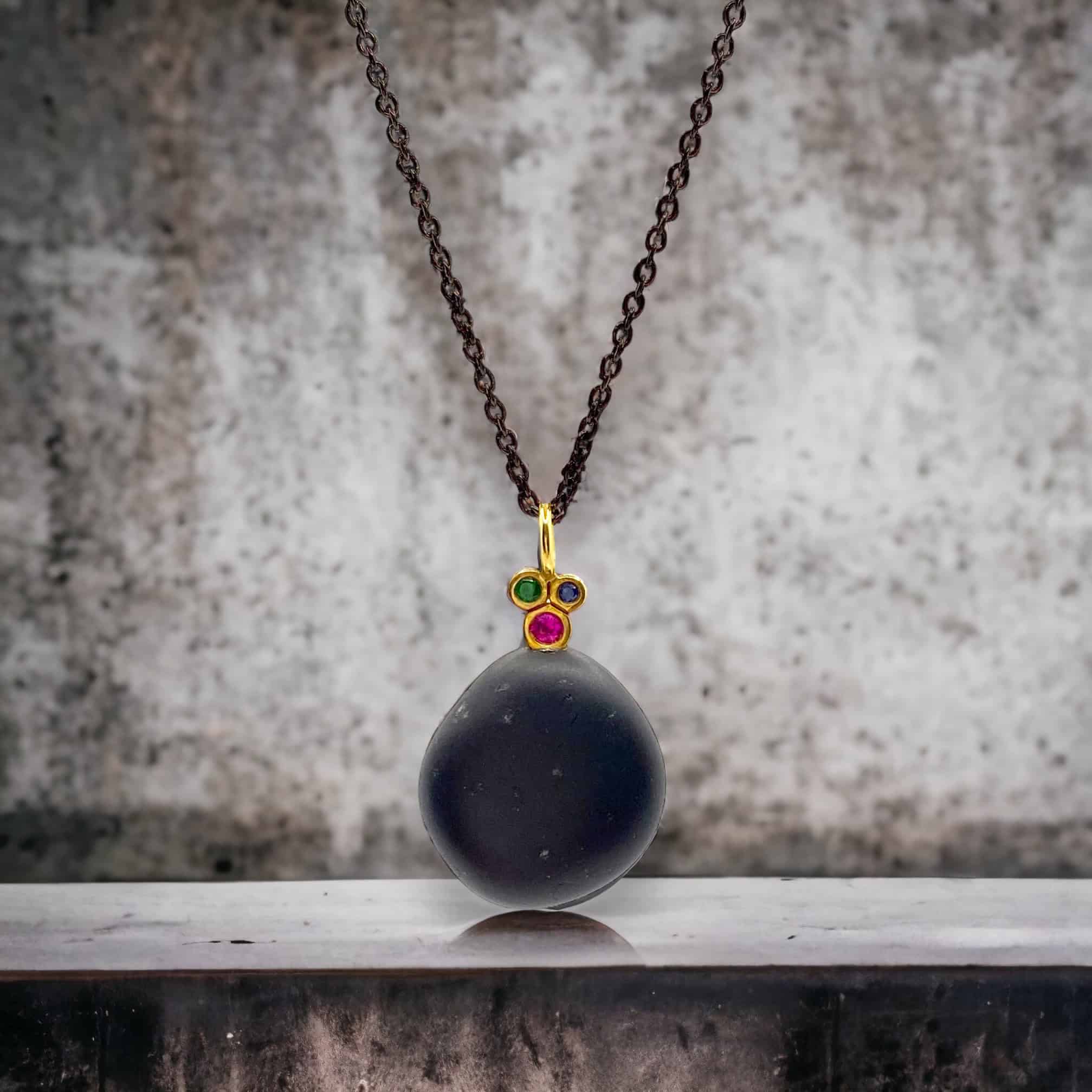 Black sea pebble necklace with ruby, sapphire tzavorite — Melina Fachidis (4)