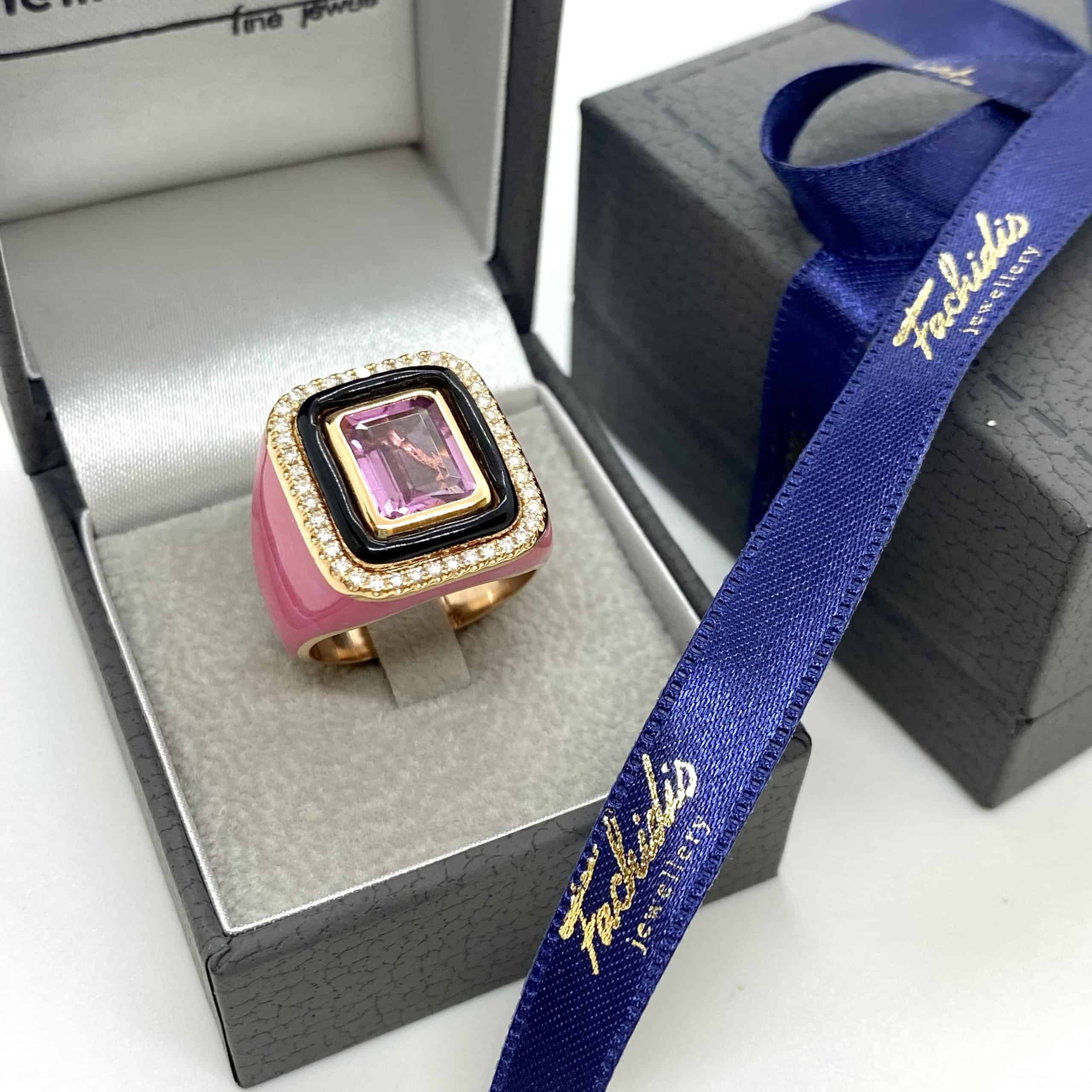 Pink rectangular tourmaline rose enamel ring — Melina Fachidis (3)