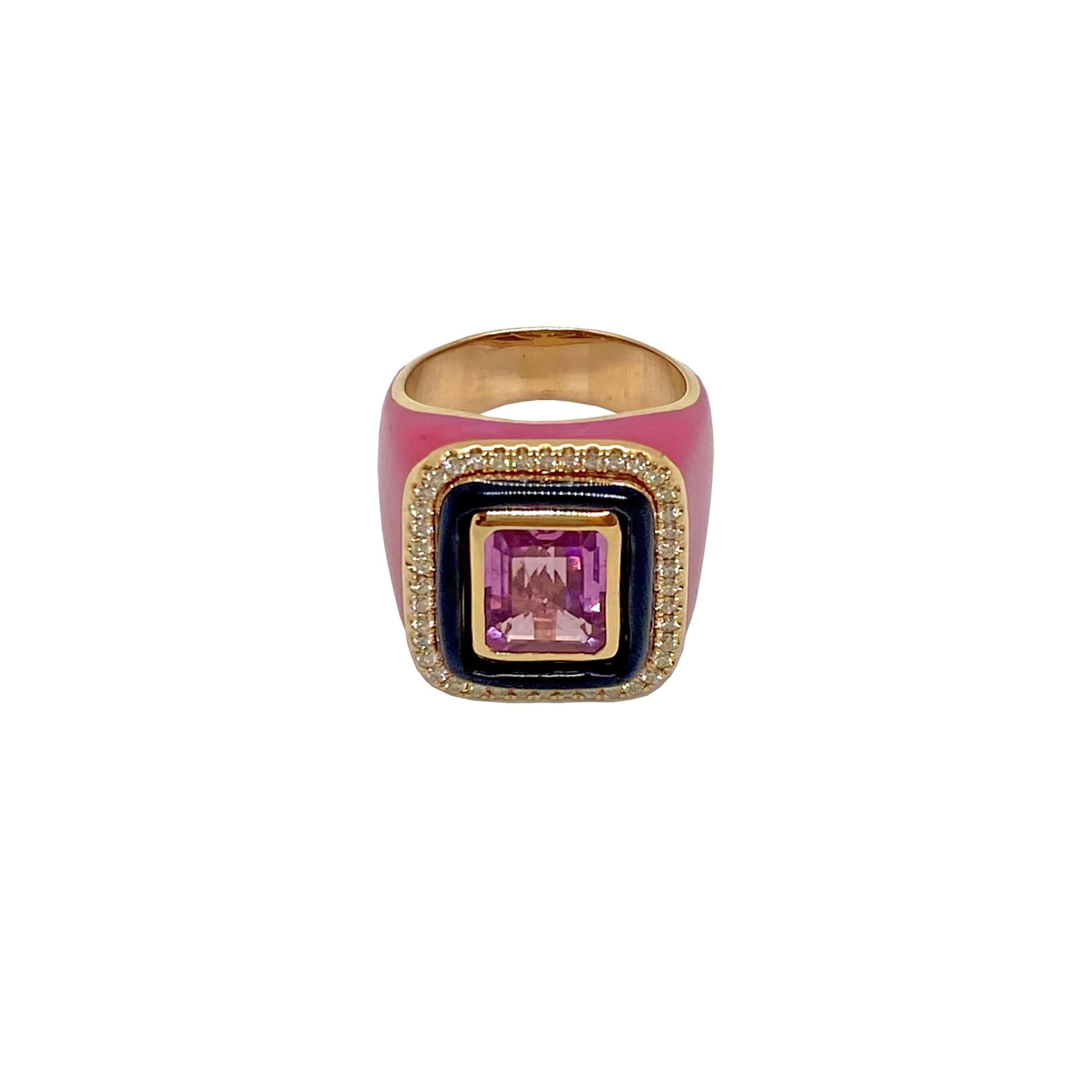 Pink rectangular tourmaline rose enamel ring — Melina Fachidis (2)