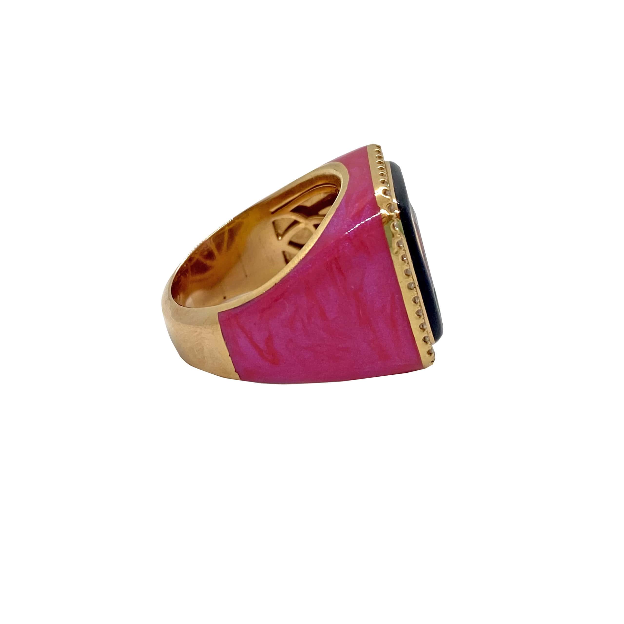 Pink rectangular tourmaline rose enamel ring — Melina Fachidis (4)
