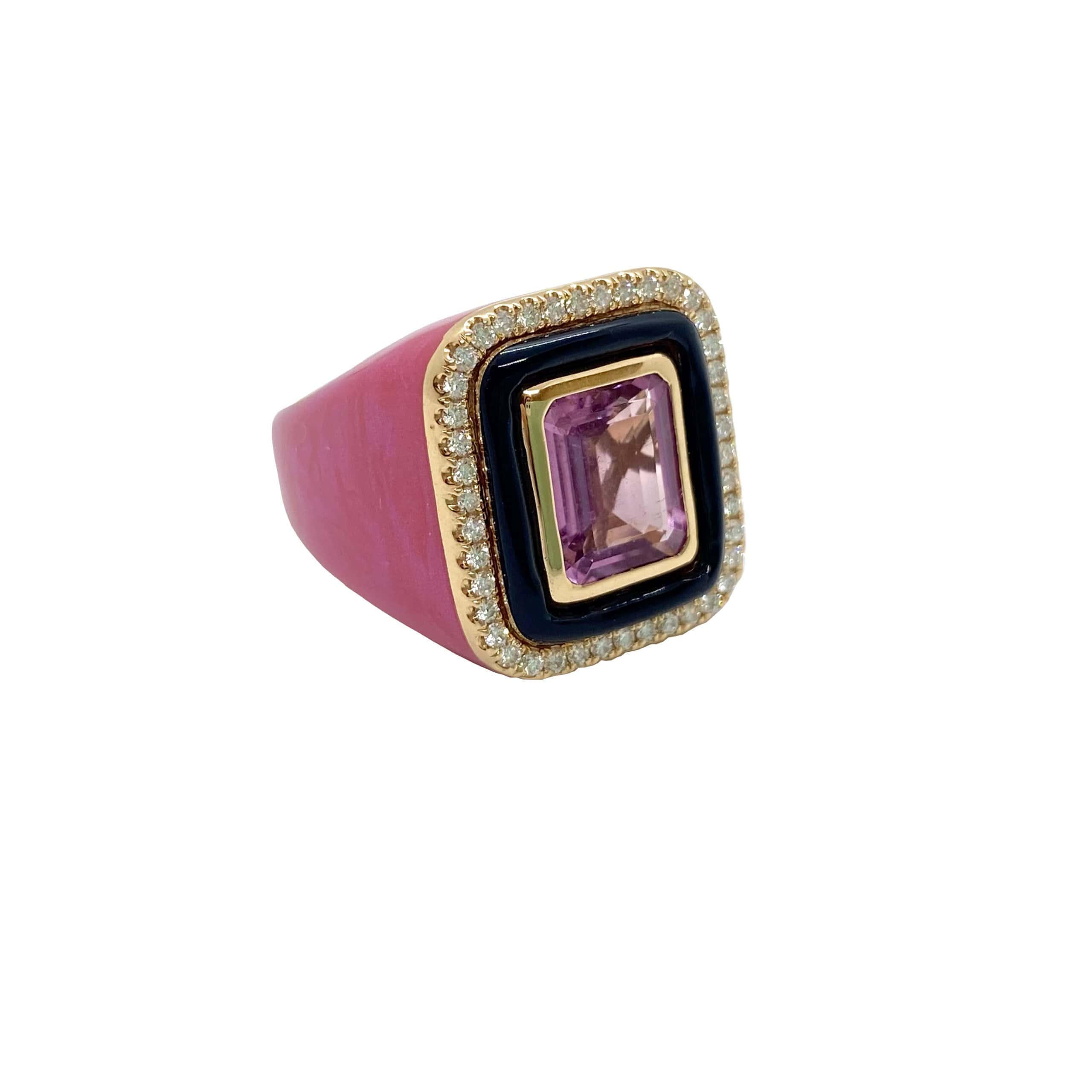 Pink rectangular tourmaline rose enamel ring — Melina Fachidis (6)
