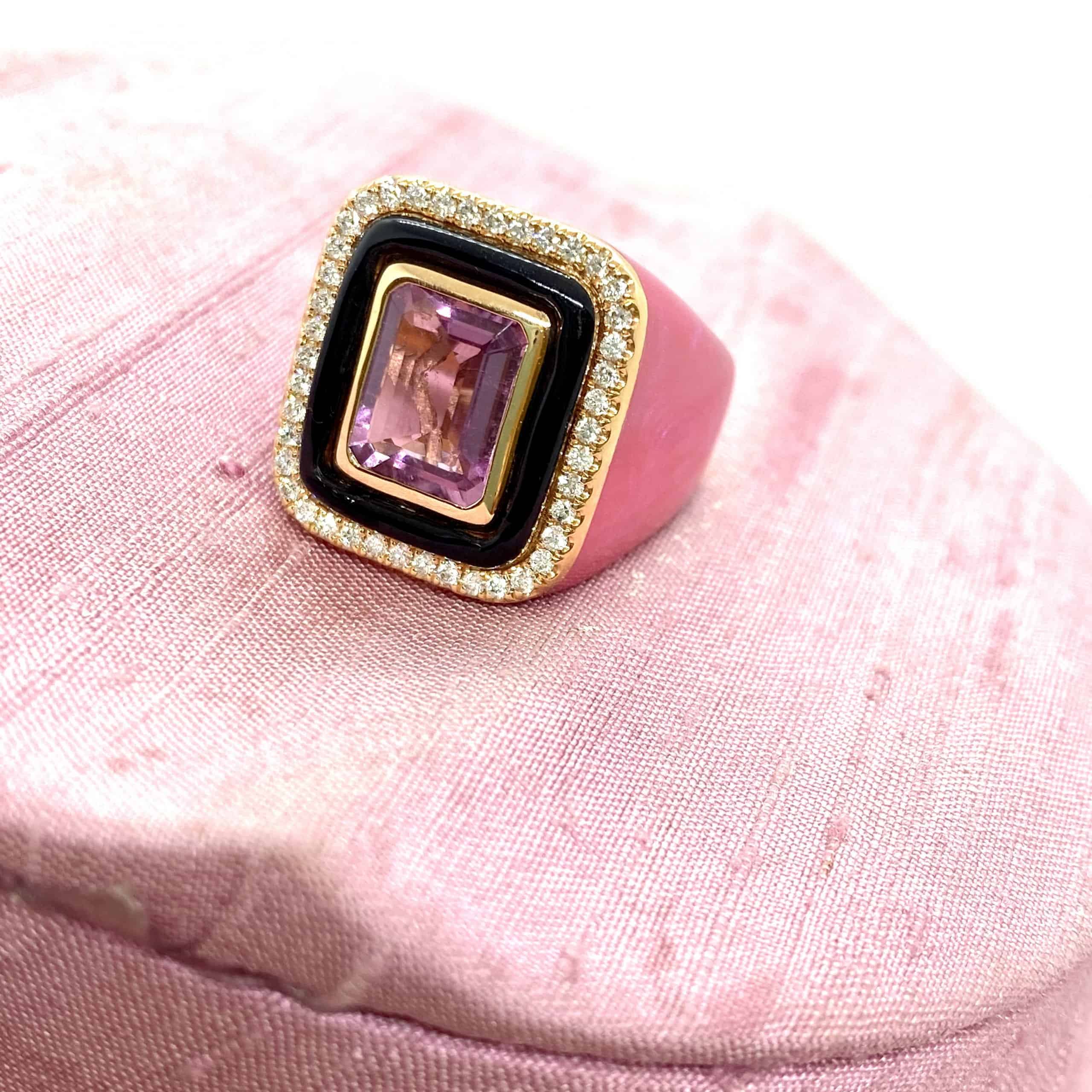 Pink rectangular tourmaline rose enamel ring — Melina Fachidis (7)