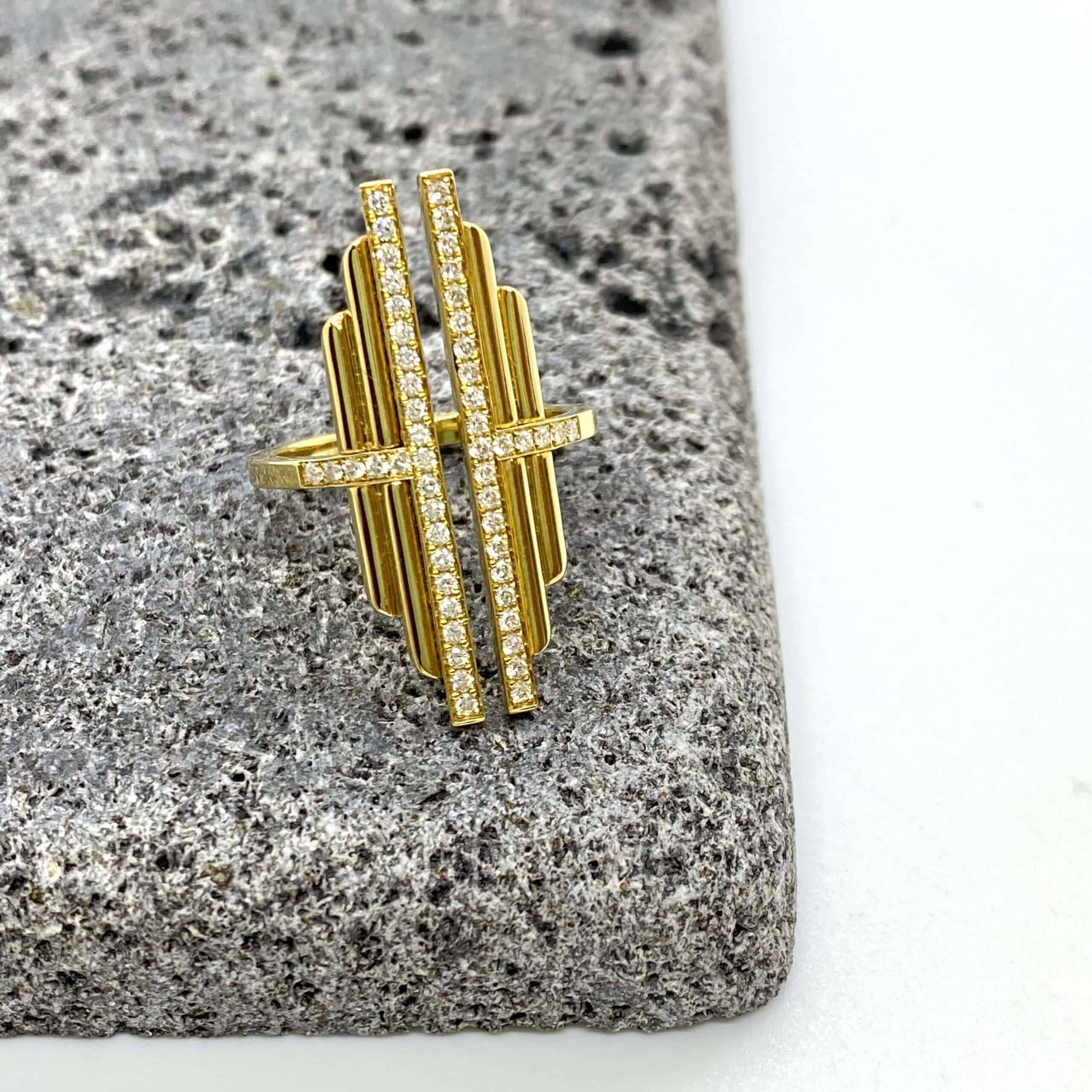 Impressive long golden bars ring — Melina Fachidis (3)