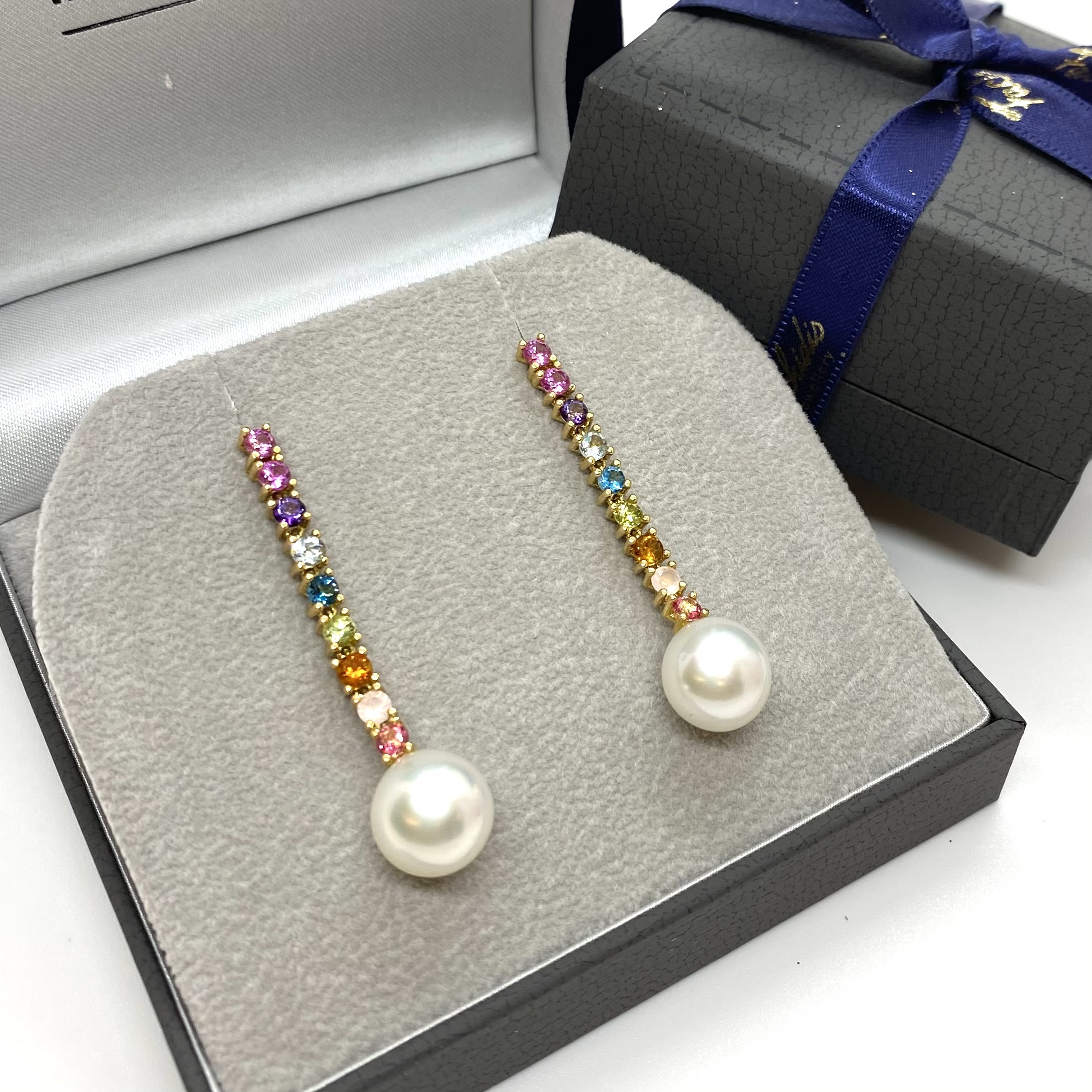 Colorful topaz with south sea pearls long earrings — Melina Fachidis (3)