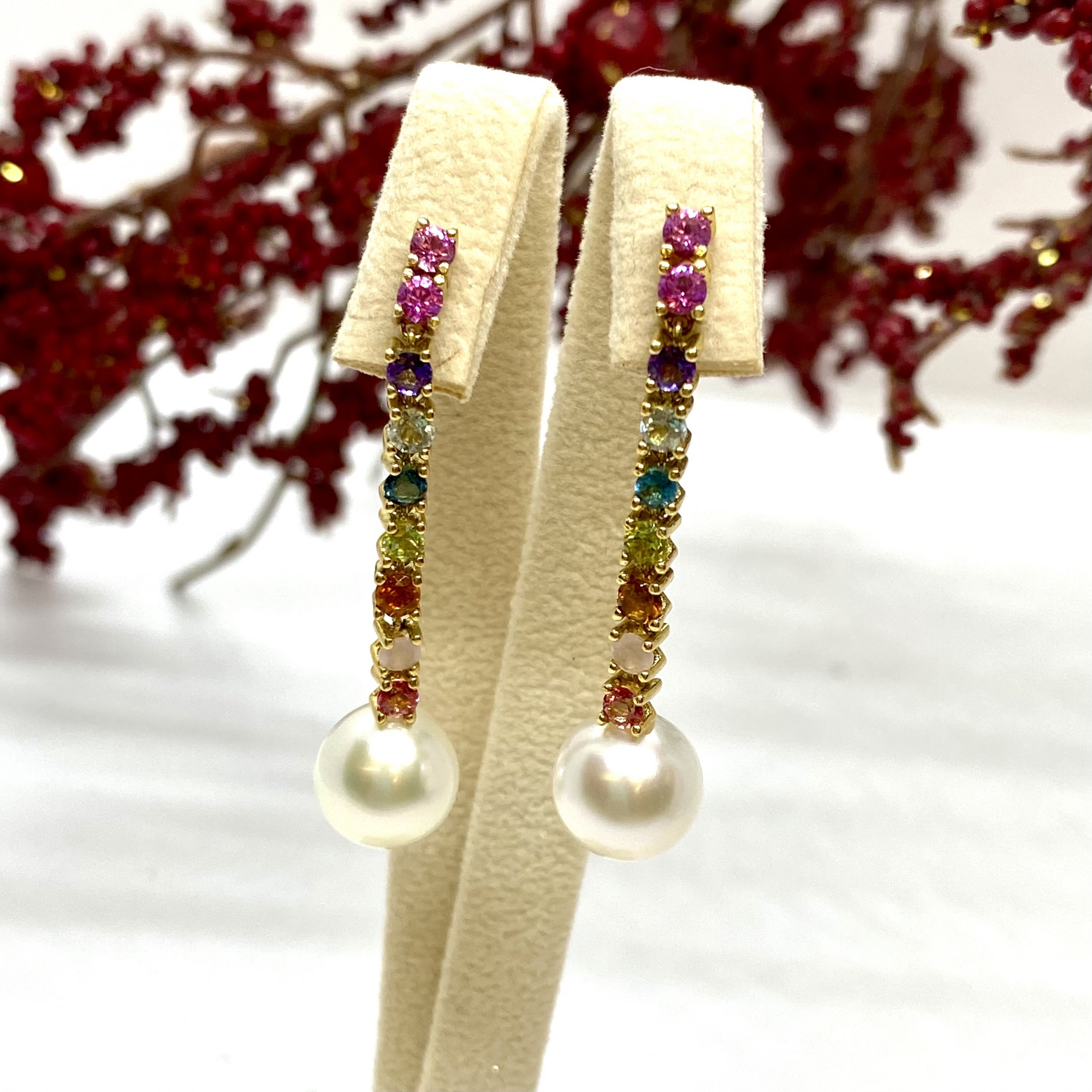 Colorful topaz with south sea pearls long earrings — Melina Fachidis (4)
