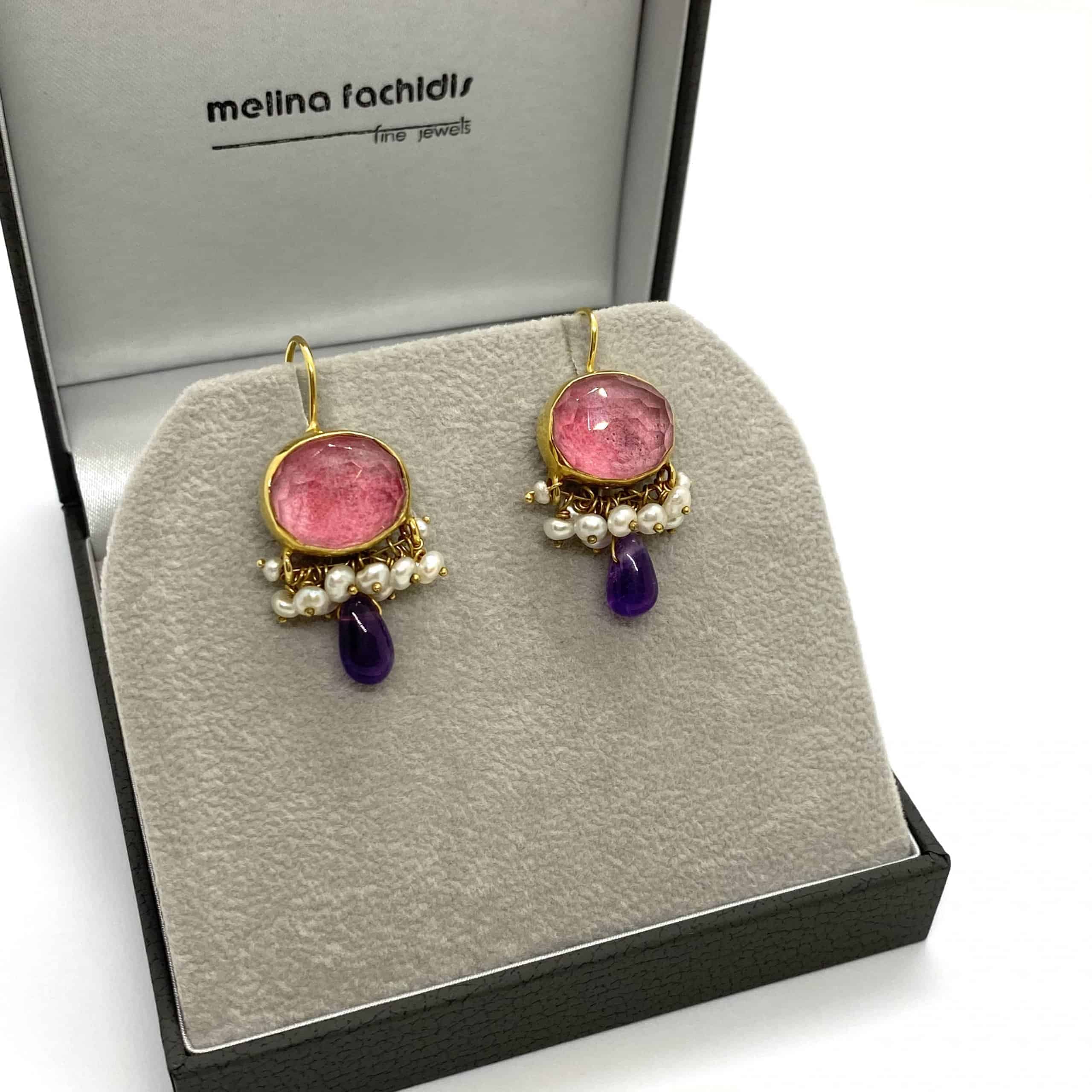 Pink tulite quartz pearl&amethyst earrings — Melina Fachidis (2)