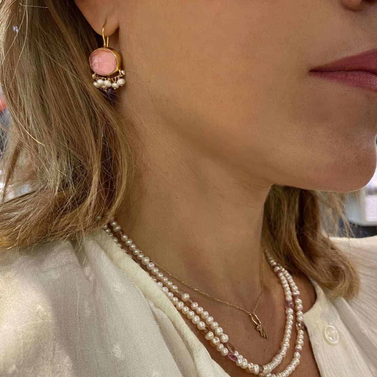 Pink tulite quartz pearl&amethyst earrings — Melina Fachidis (3)