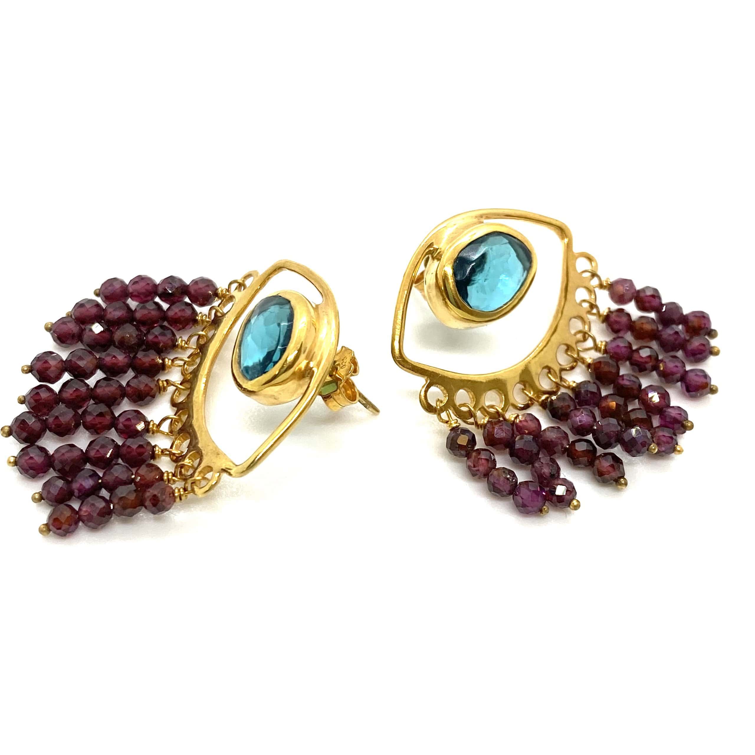Eye shaped blue topaz and garnet earrings — Melina Fachidis (2)