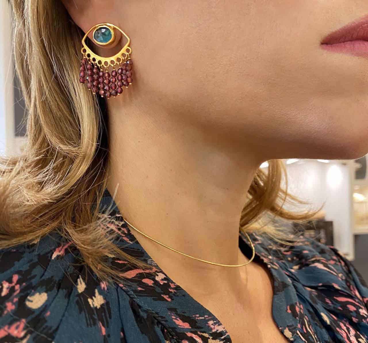 Eye shaped blue topaz and garnet earrings — Melina Fachidis (4)