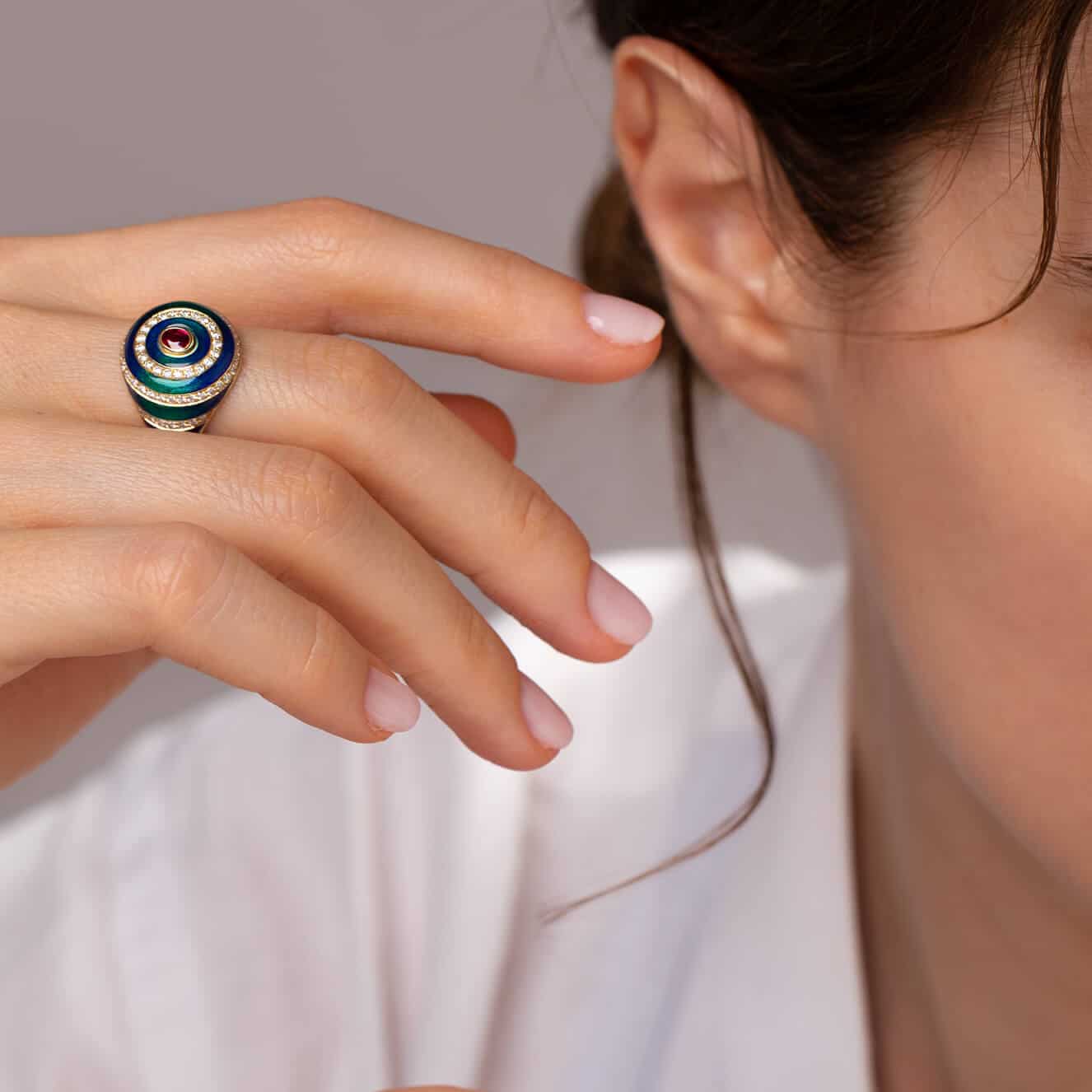 Enameled ring with an oval ruby and diamonds — Melina Fachidis (3)