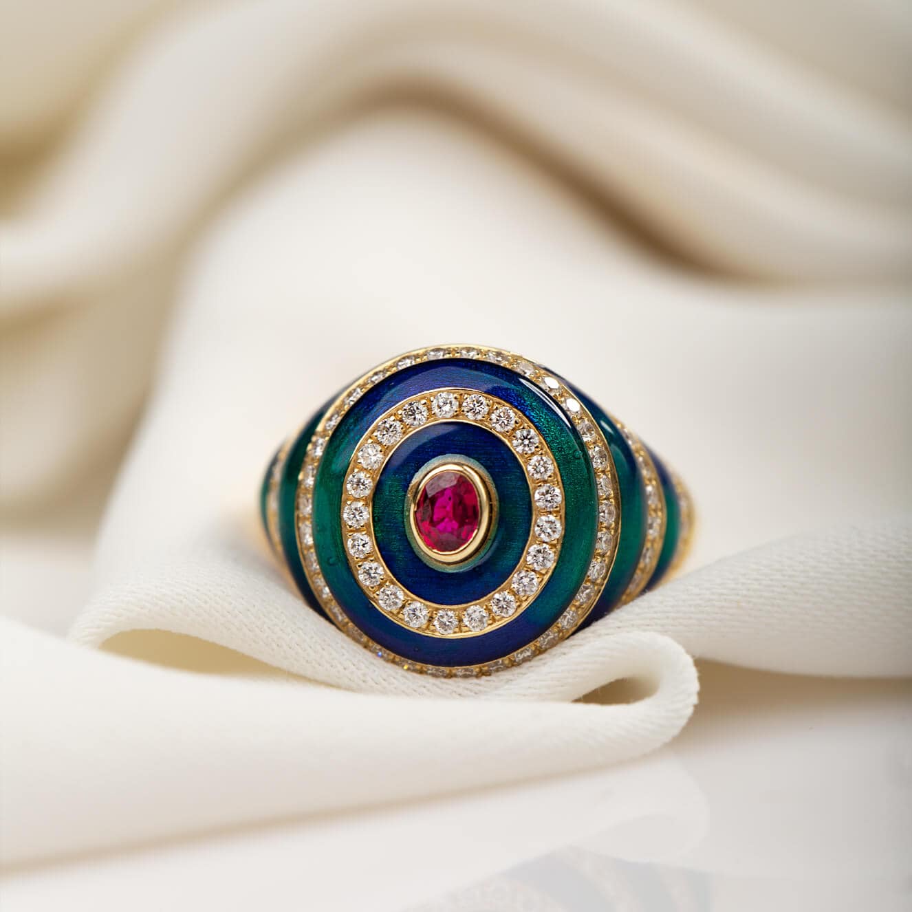 Enameled ring with an oval ruby and diamonds — Melina Fachidis (2)