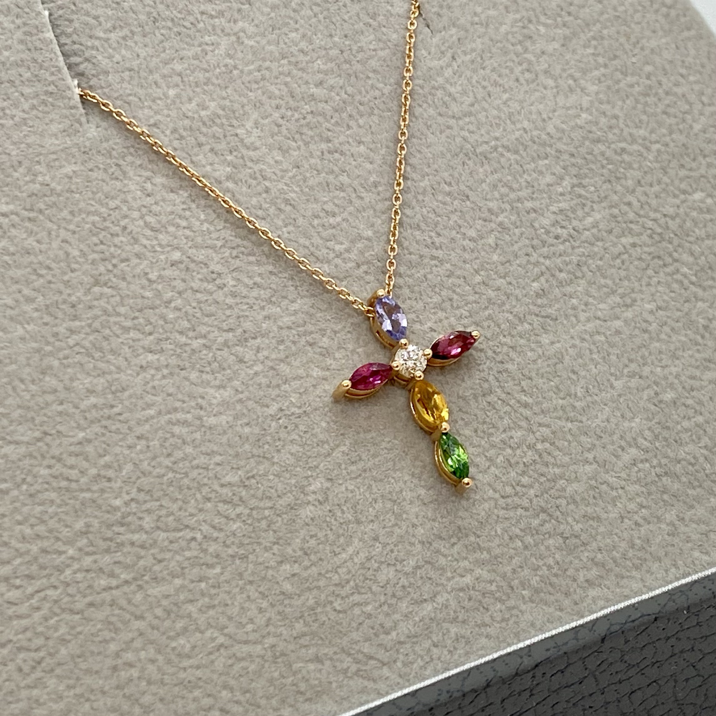Multi color 18k rose gold cross necklace — Melina Fachidis (4)