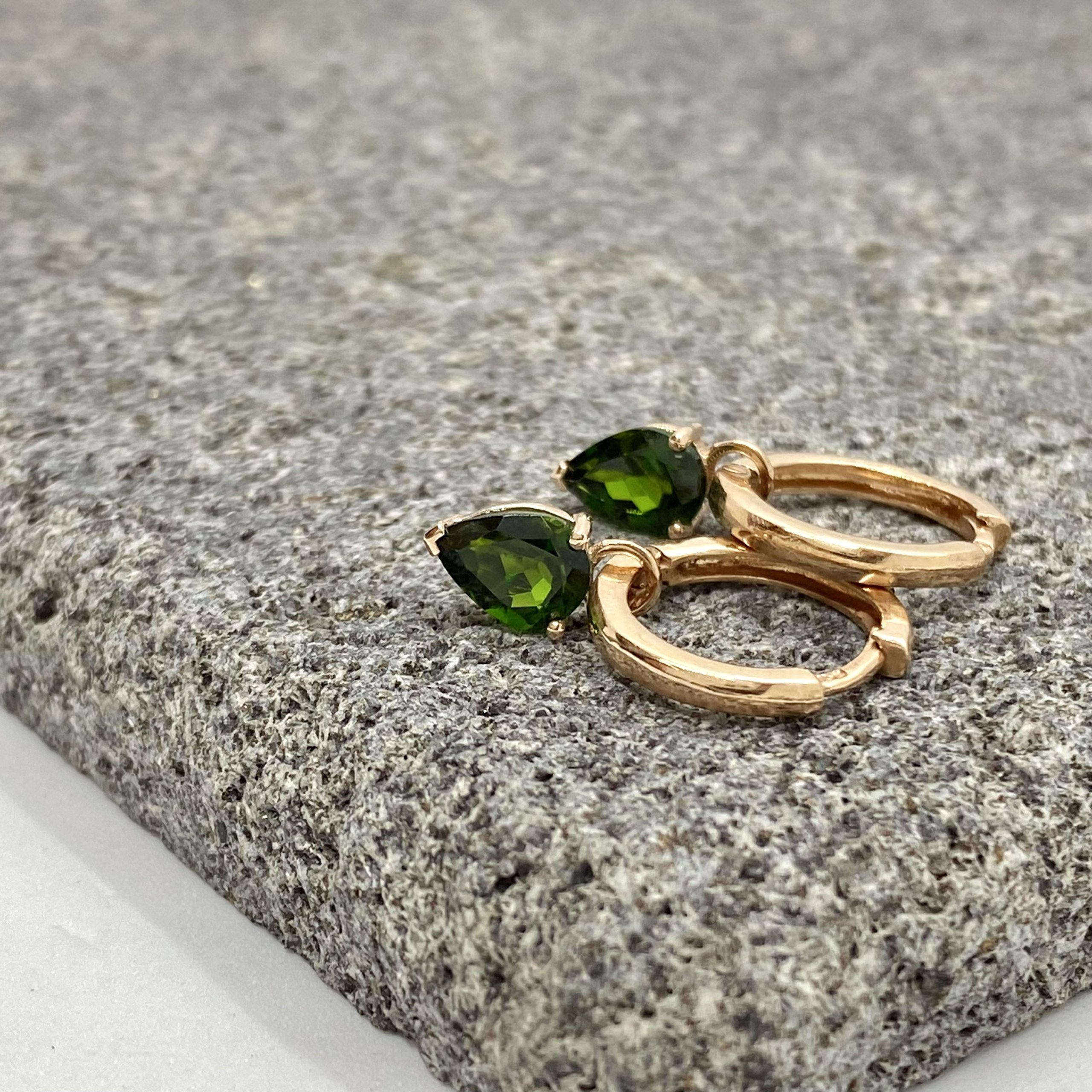Green pear shaped tourmaline drops on hoops — Melina Fachidis (2)