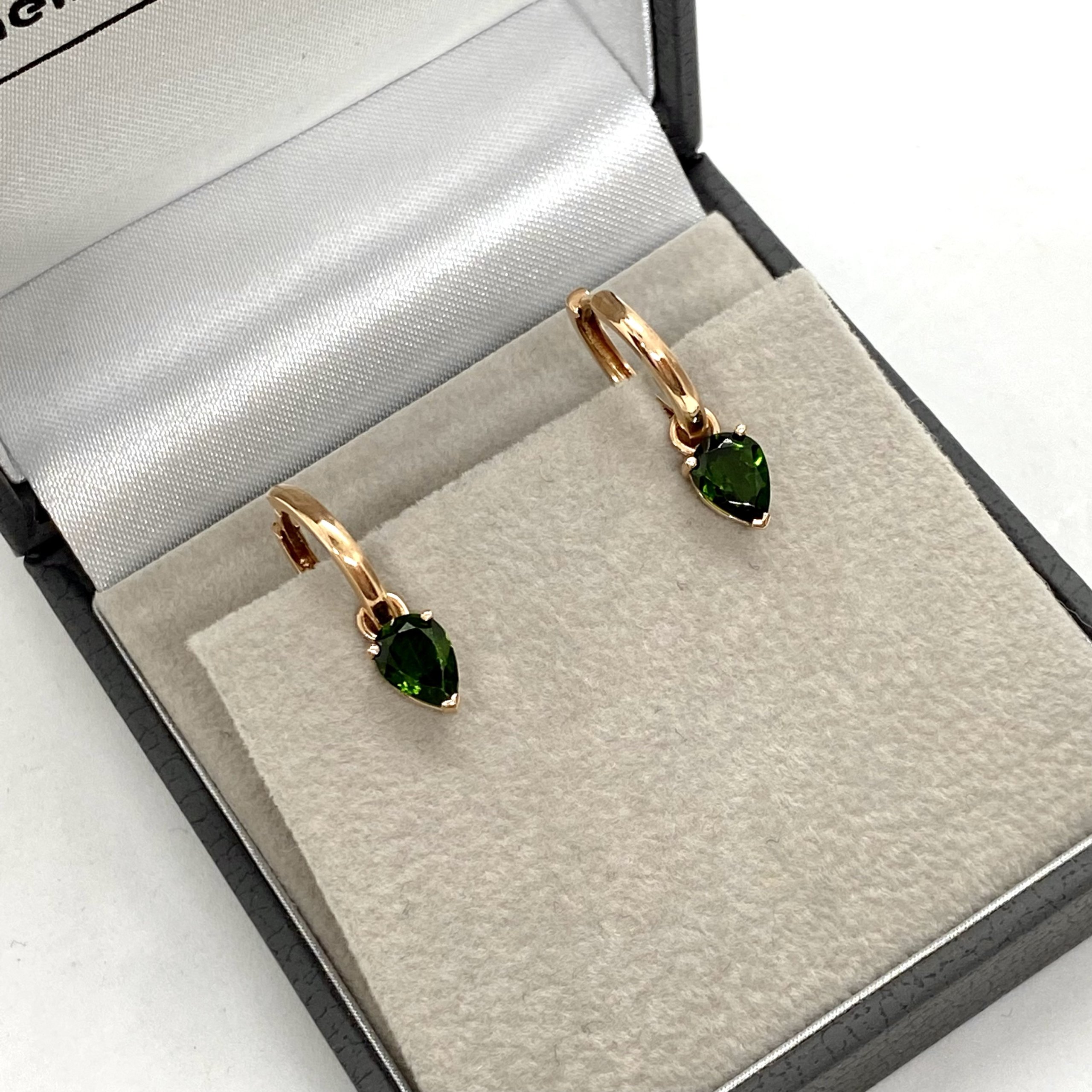 Green pear shaped tourmaline drops on hoops — Melina Fachidis (3)