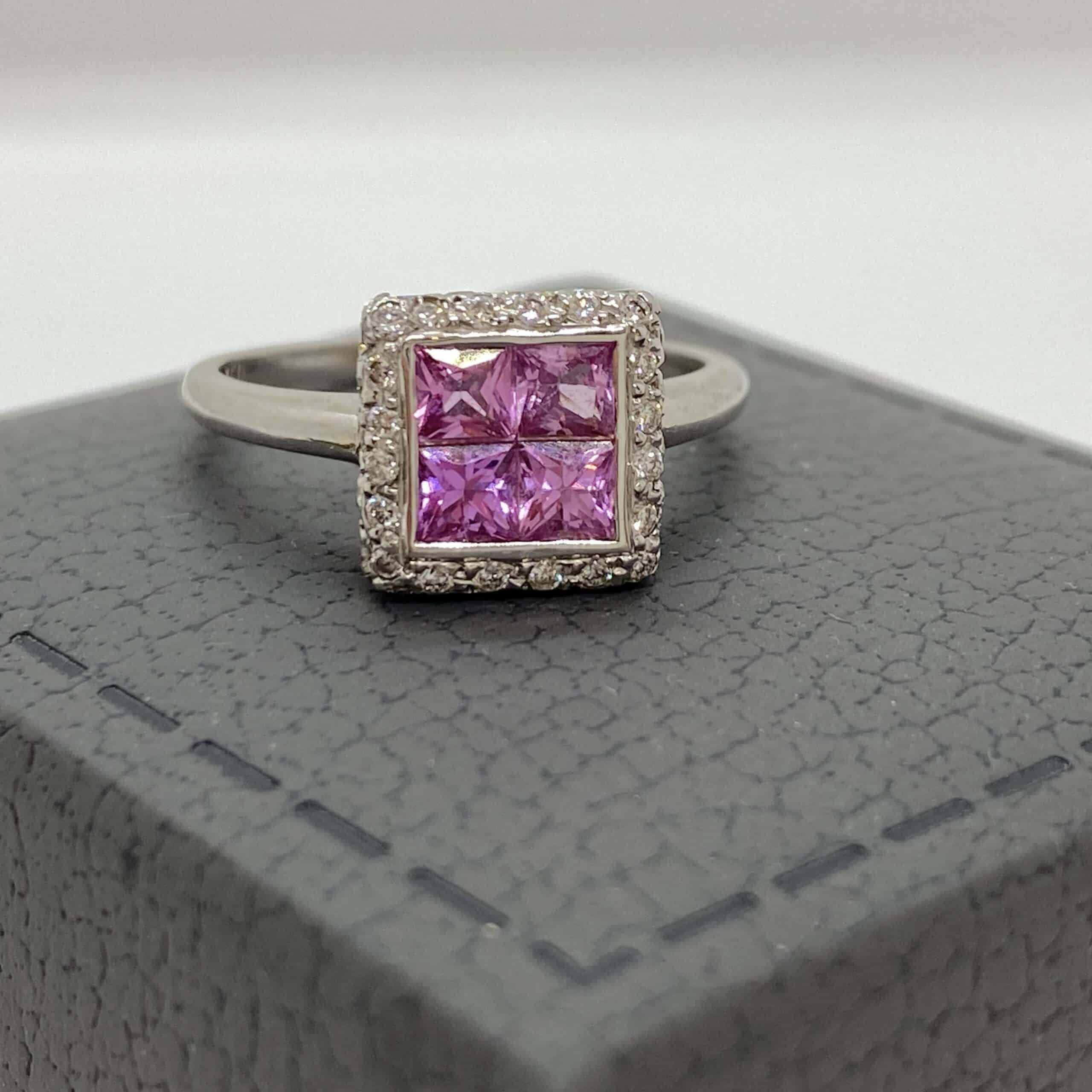 Square princess cut pink sapphires & diamond ring — Melina Fachidis (5)