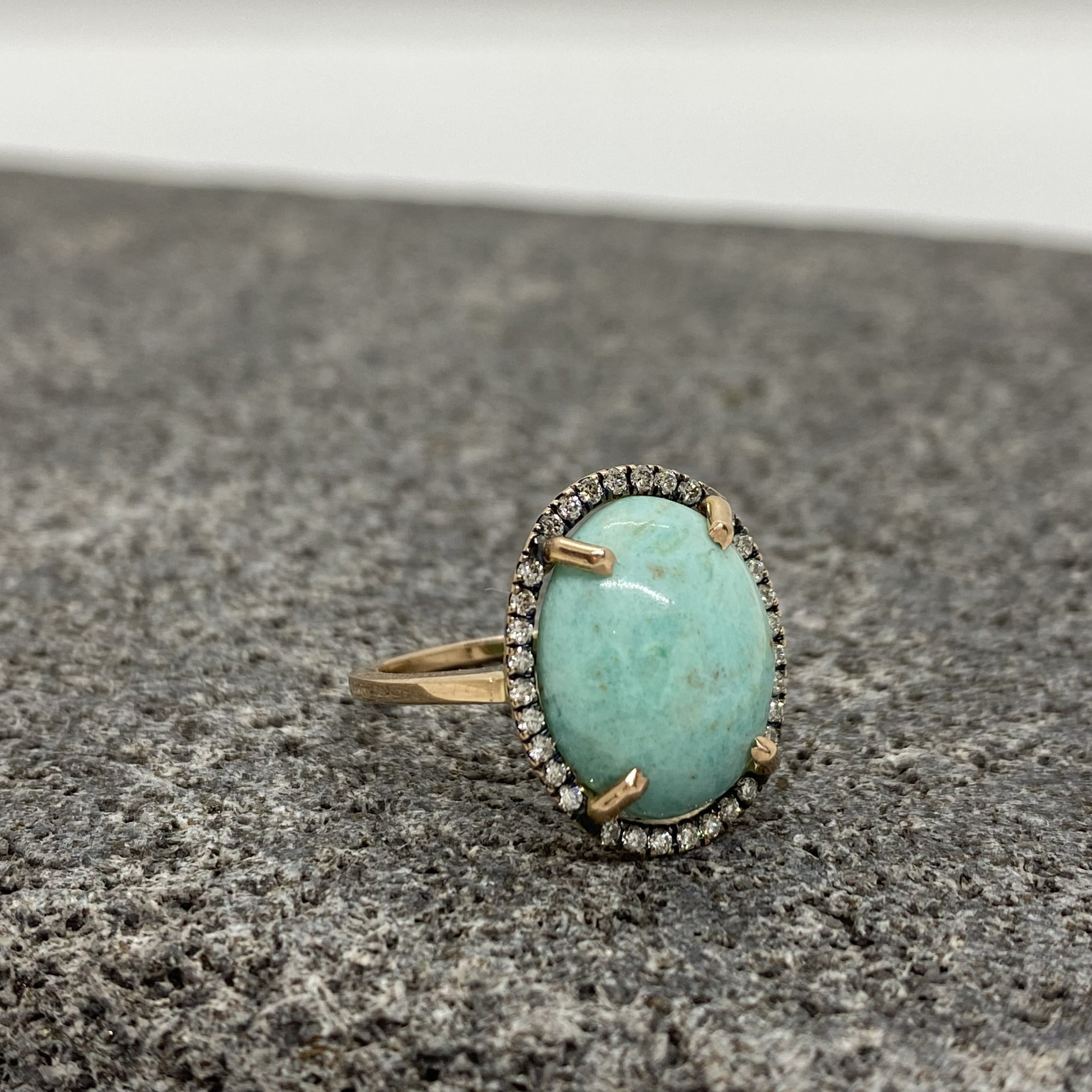Cabochon cut turquoise 18k rose gold ring with a diamond outline — Melina Fachidis (3)