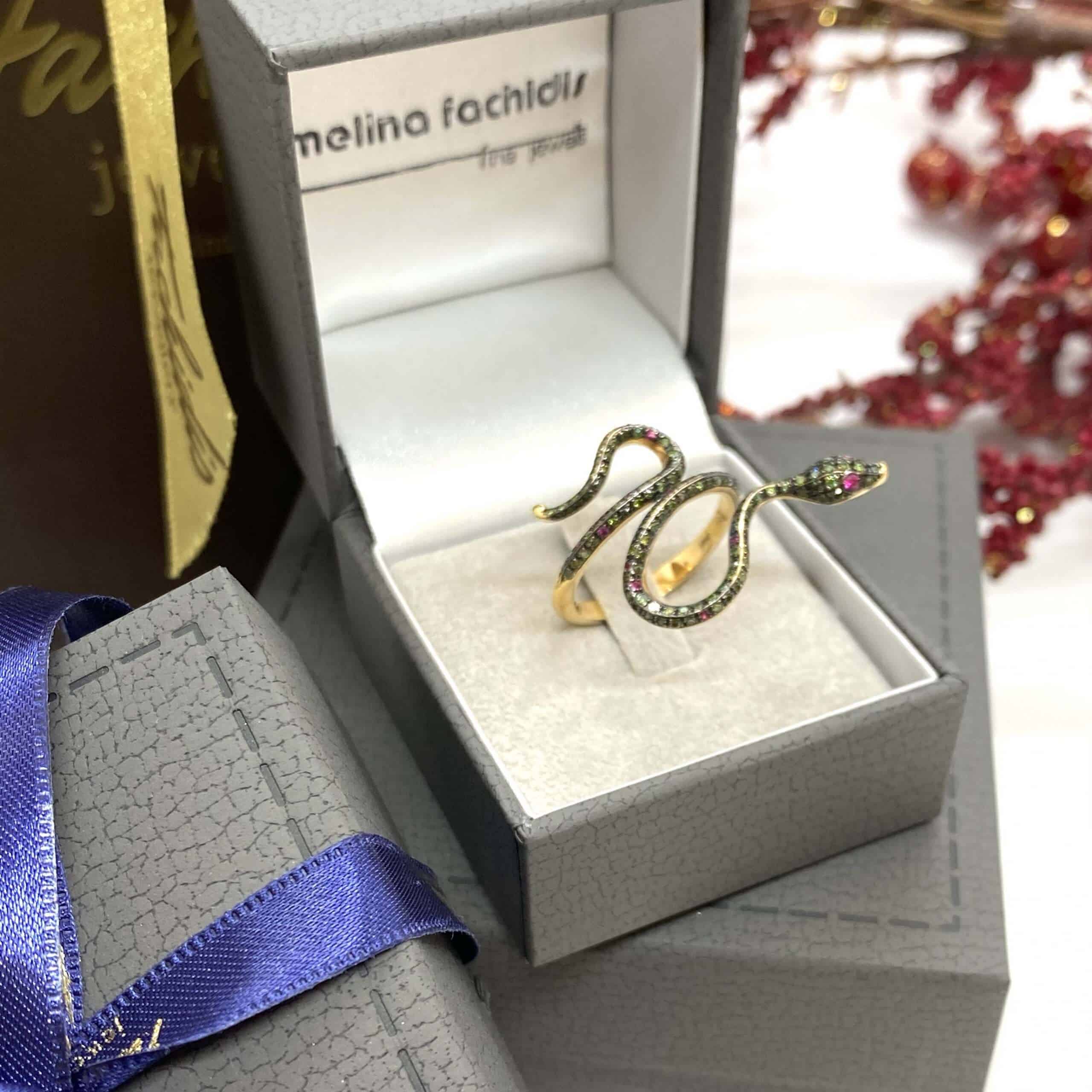 Green diamonds & rubies playful snake ring — Melina Fachidis (2)