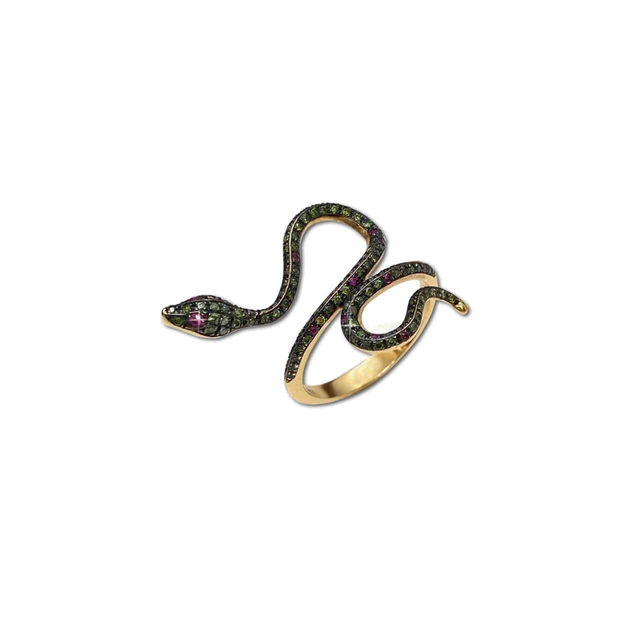 Green diamonds & rubies playful snake ring — Melina Fachidis (4)