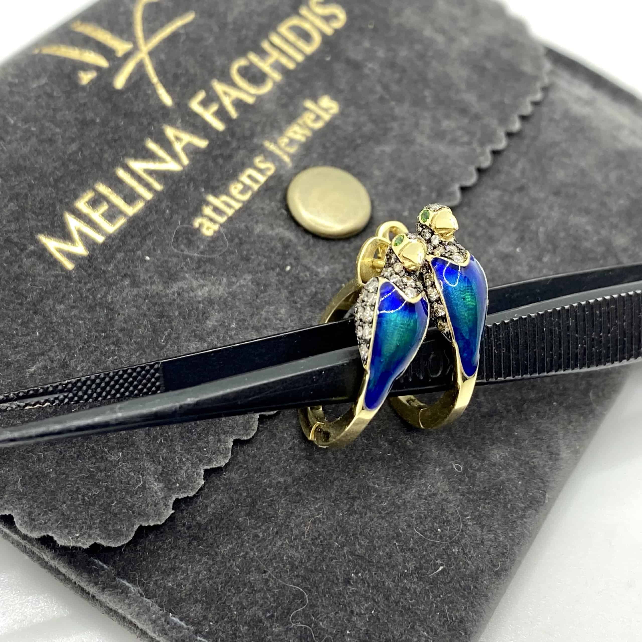 Parrot earrings with brown diamonds, tsavorites, green and blue enamel — Melina Fachidis (5)