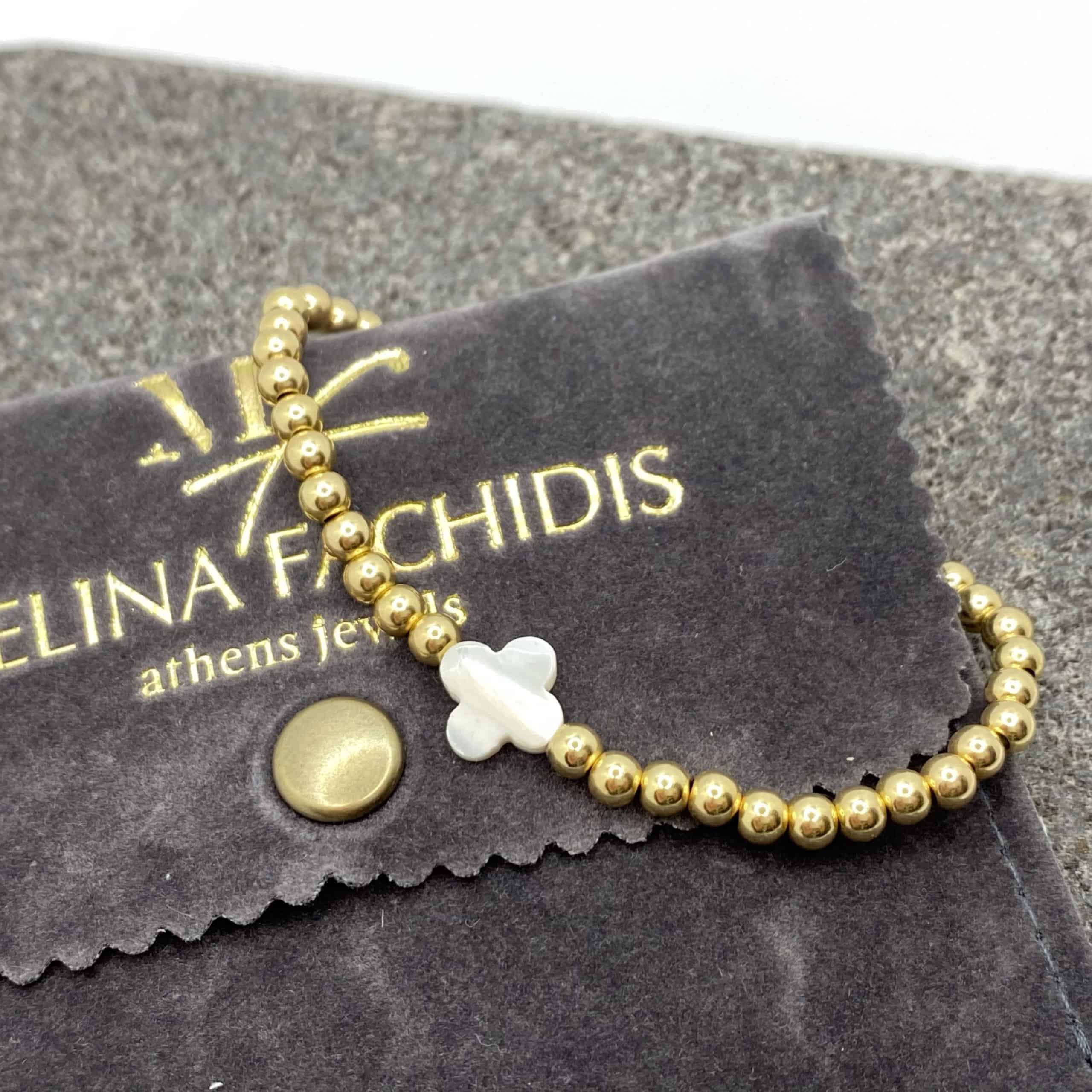 Ours mother of pearl golden elastic bracelet — Melina Fachidis (4)
