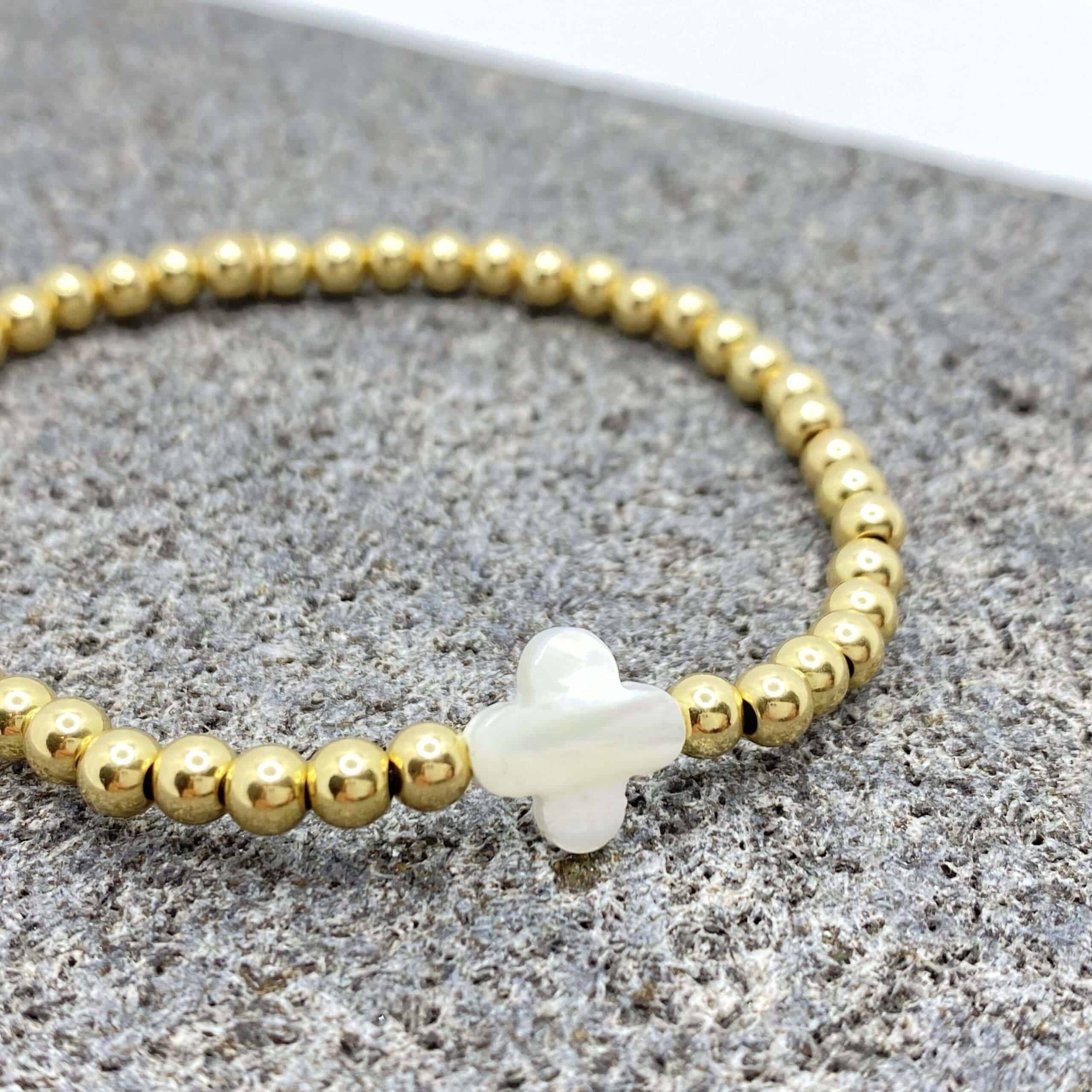 Ours mother of pearl golden elastic bracelet — Melina Fachidis (3)