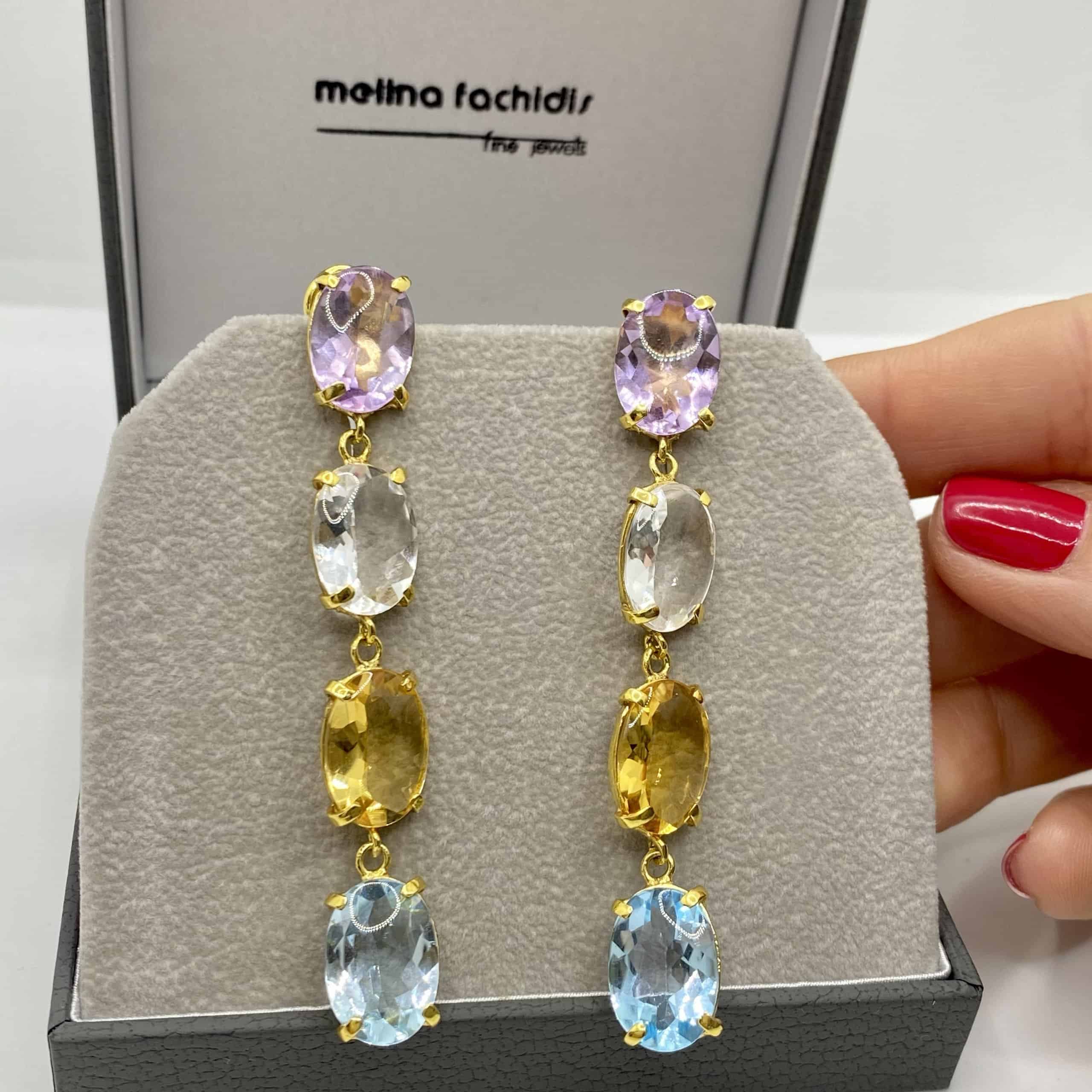 Four stone multicoloured long earrings — Melina Fachidis (5)