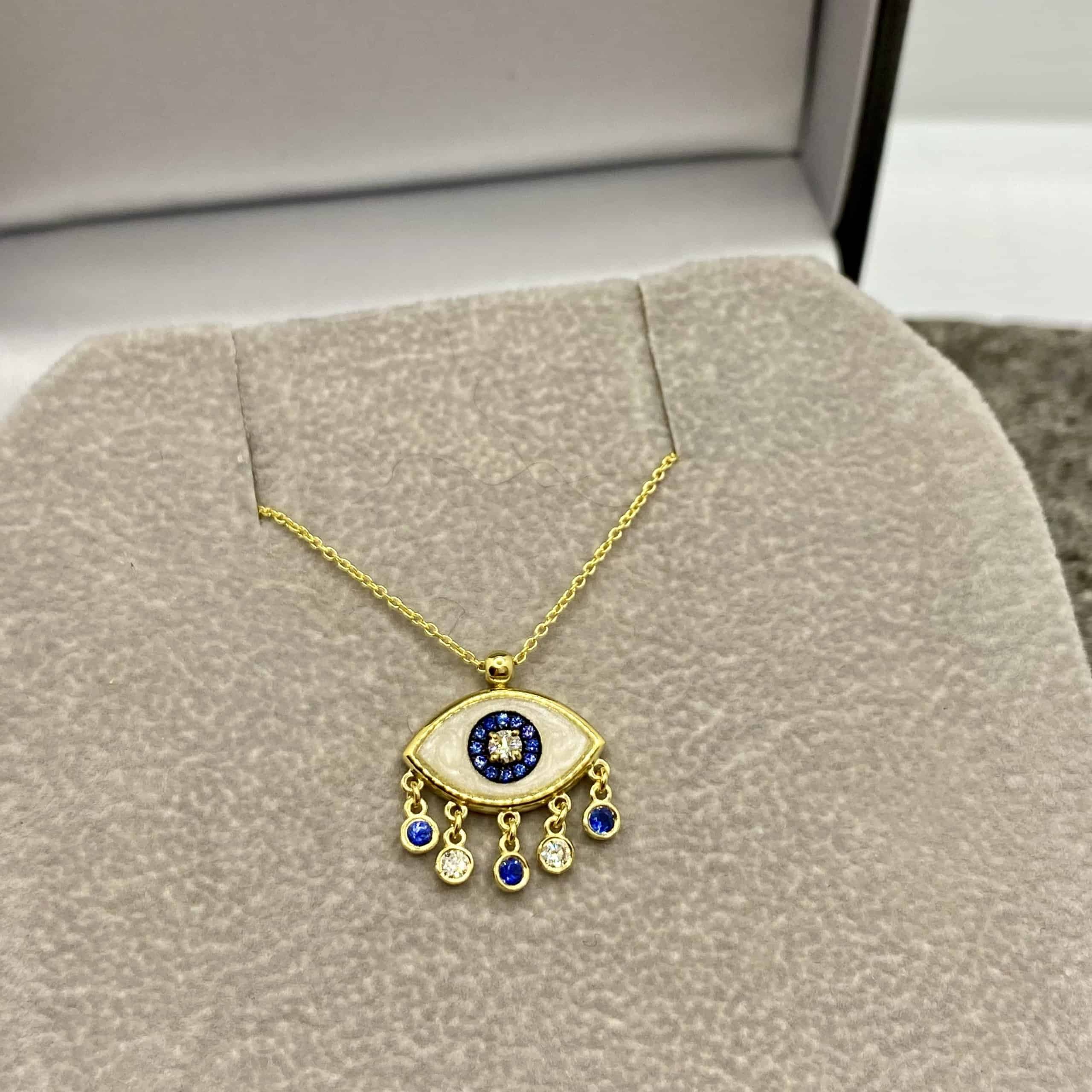 Dangling evil eye pendant with diamonds blue sapphires — Melina Fachidis (5)