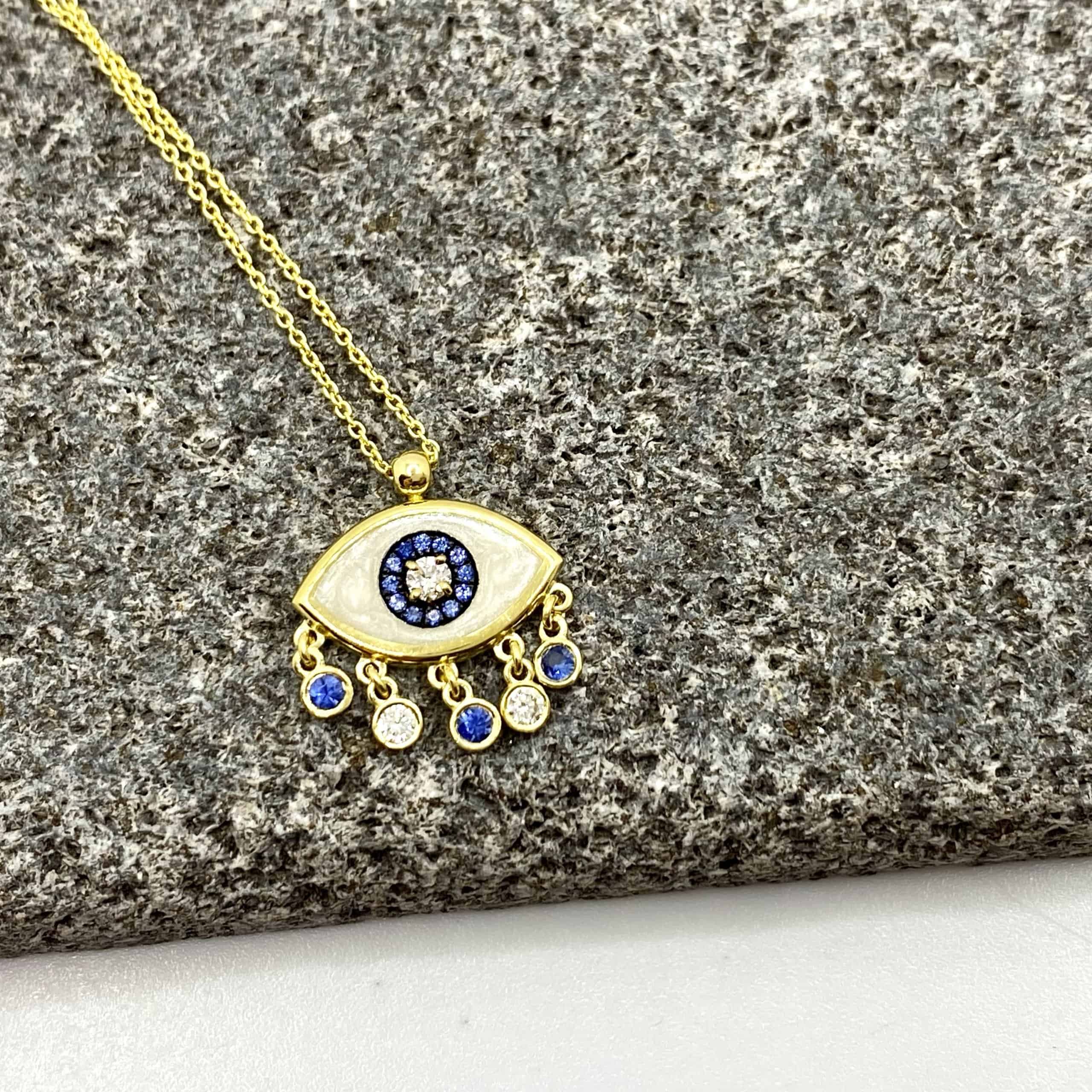 Dangling evil eye pendant with diamonds blue sapphires — Melina Fachidis (6)