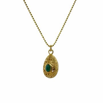 Yellow gold silver egg shape chain pendant with a turquoise and a green onyx. — Melina Fachidis (3)