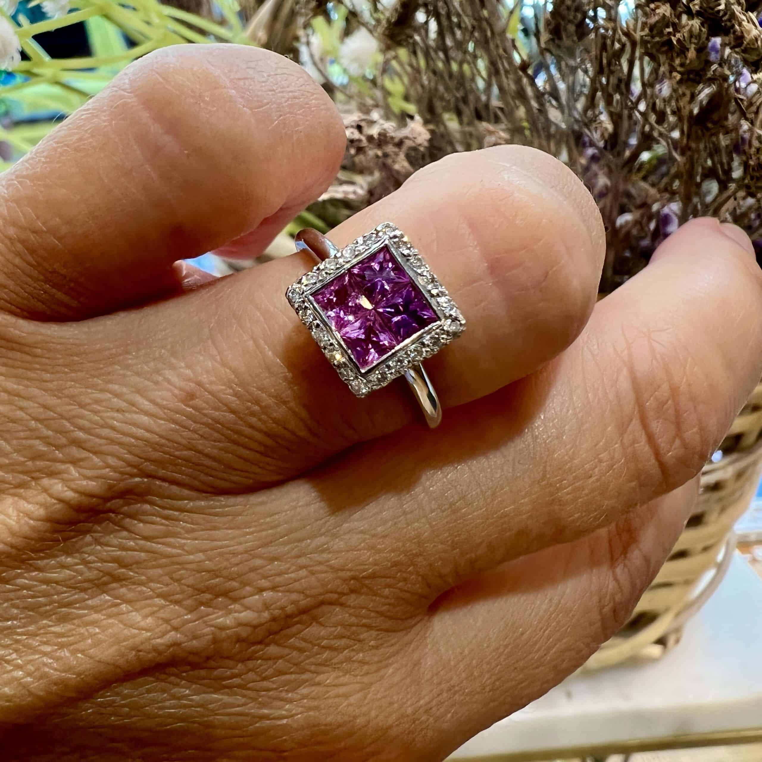 Square princess cut pink sapphires & diamond ring — Melina Fachidis (4)