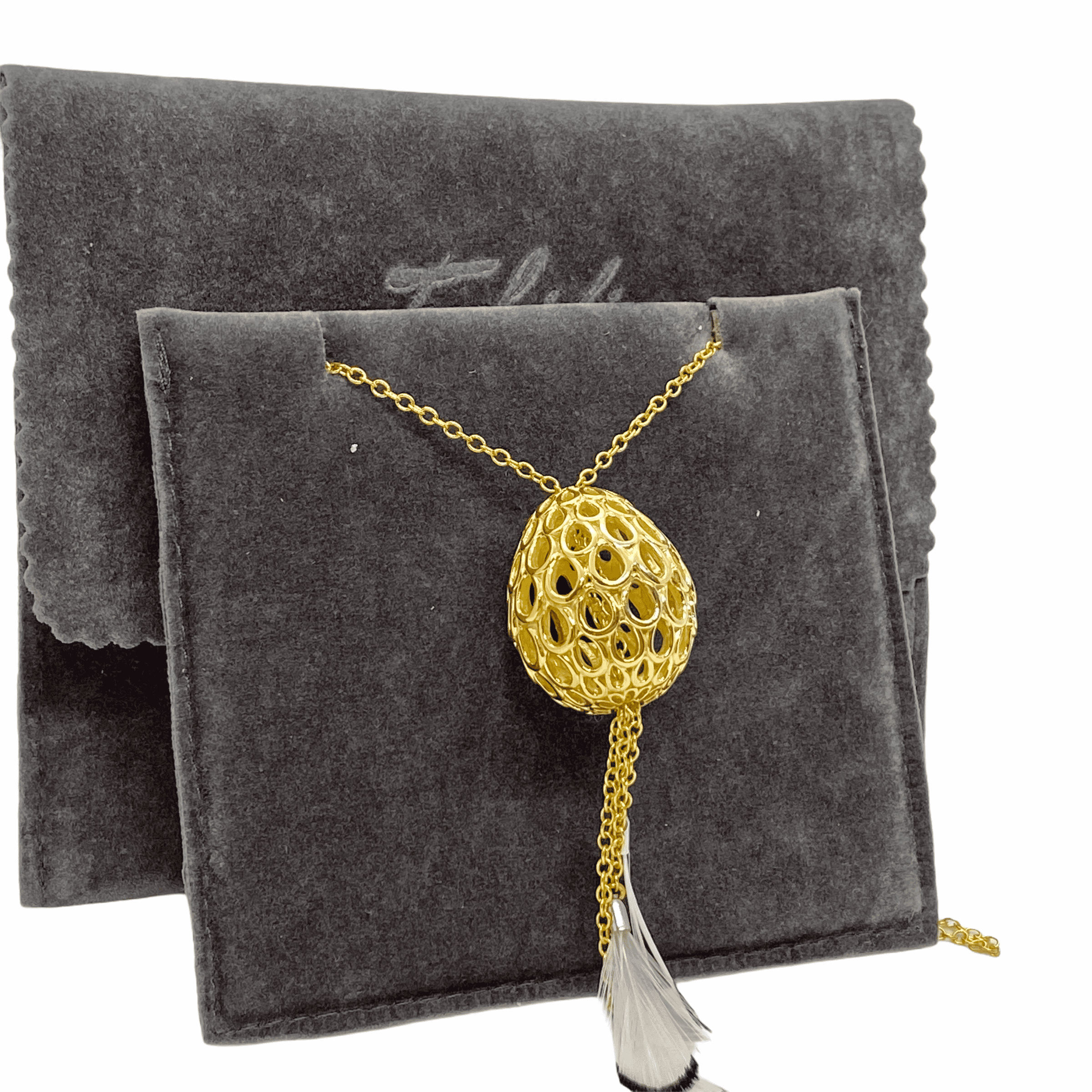 Perforated yellow plated egg pendant with feathers — Melina Fachidis (2)