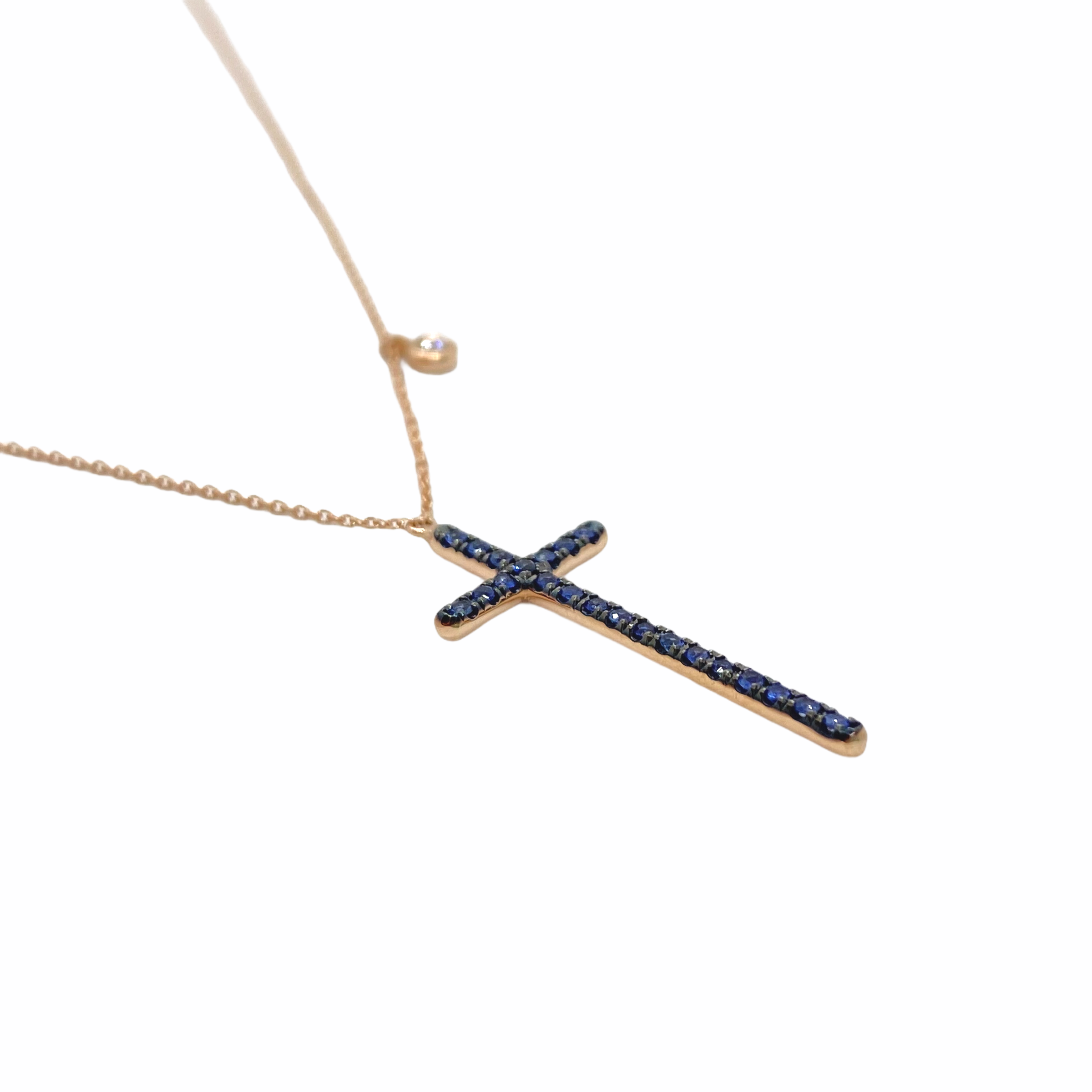 Blue sapphire long cross pendant with one diamond — Melina Fachidis (3)