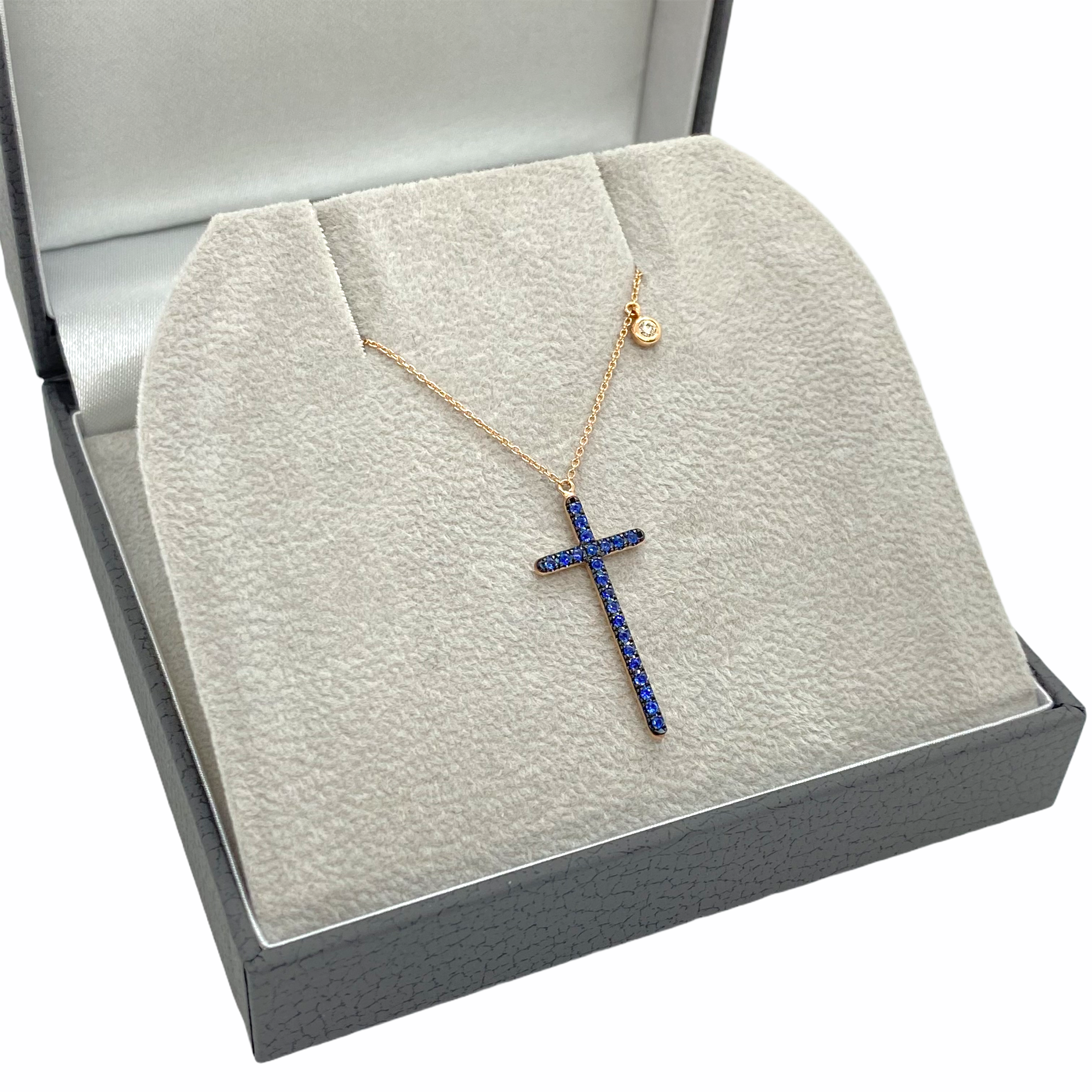 Blue sapphire long cross pendant with one diamond — Melina Fachidis (5)