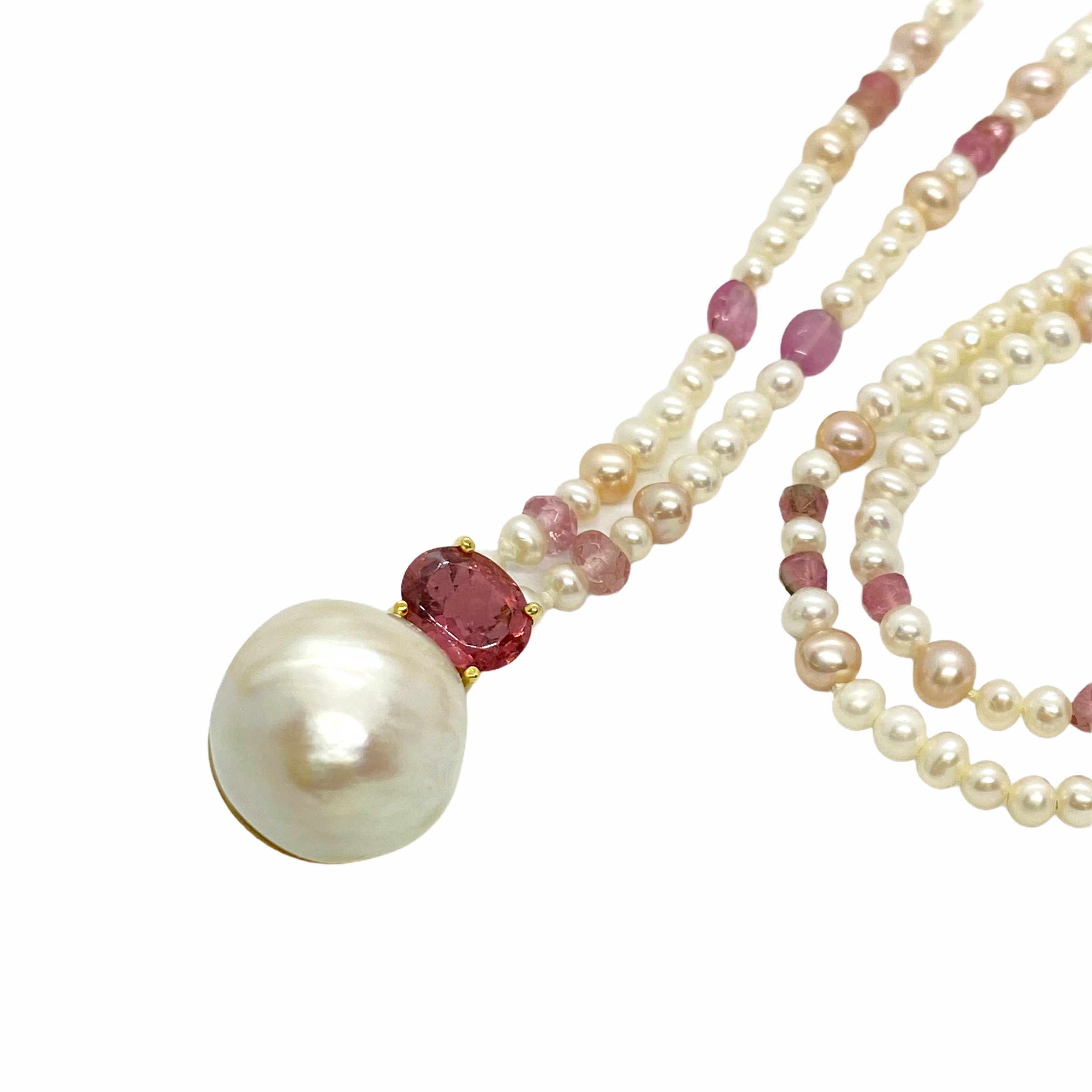 Pink tourmaline and south sea pearl long necklace — Melina Fachidis (4)