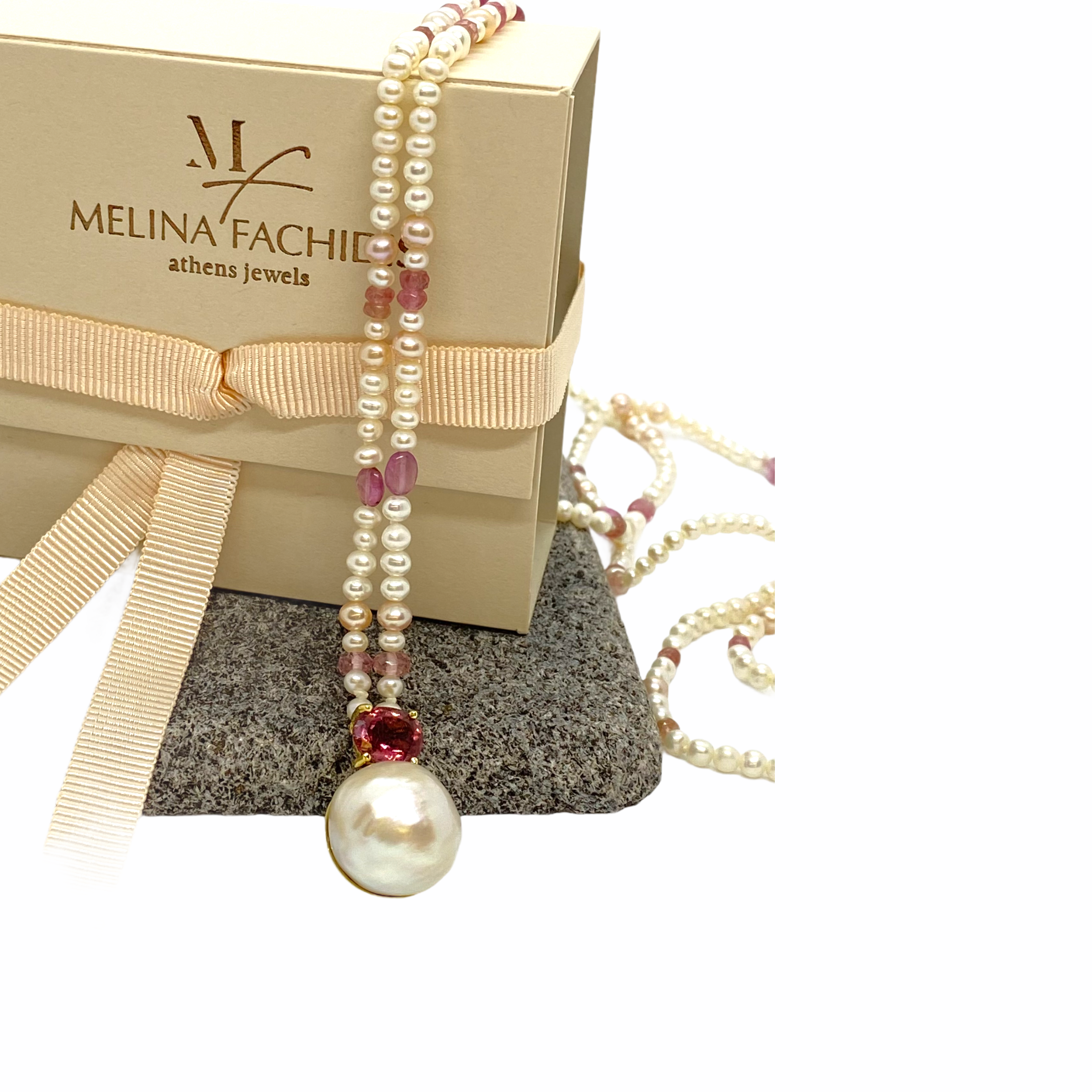 Pink tourmaline and south sea pearl long necklace — Melina Fachidis (5)