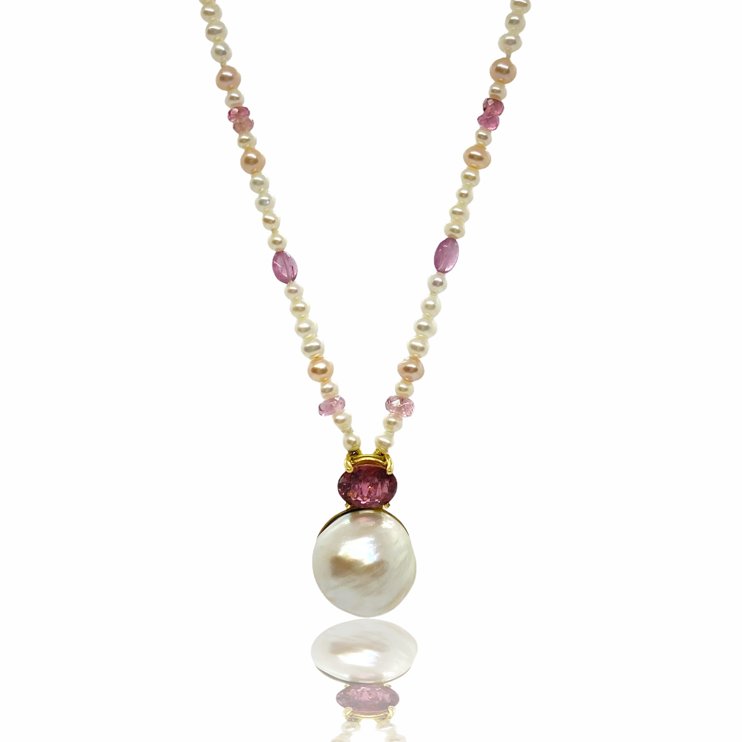 Pink tourmaline and south sea pearl long necklace — Melina Fachidis