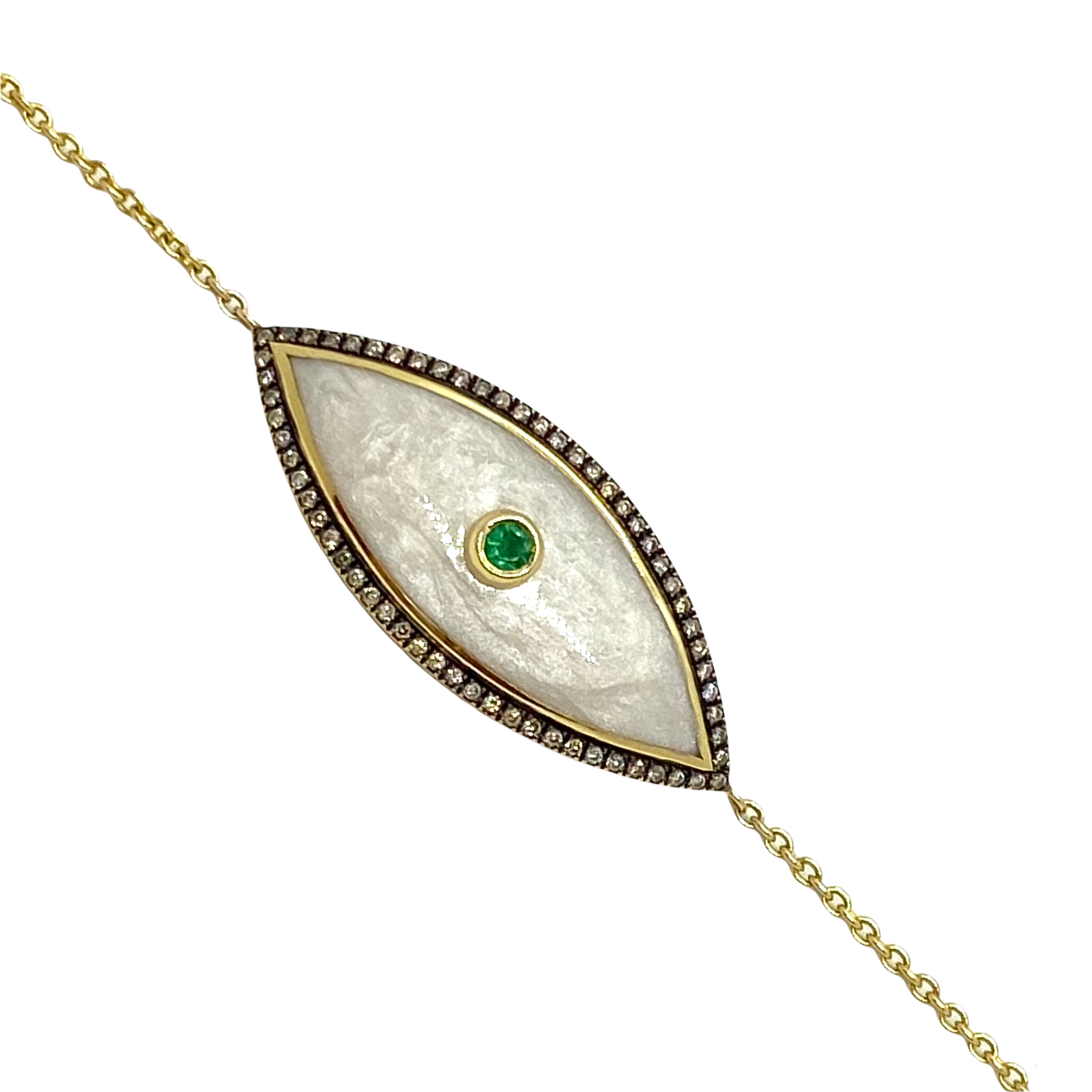 Pearly eye shaped diamond and emerald bracelet — Melina Fachidis