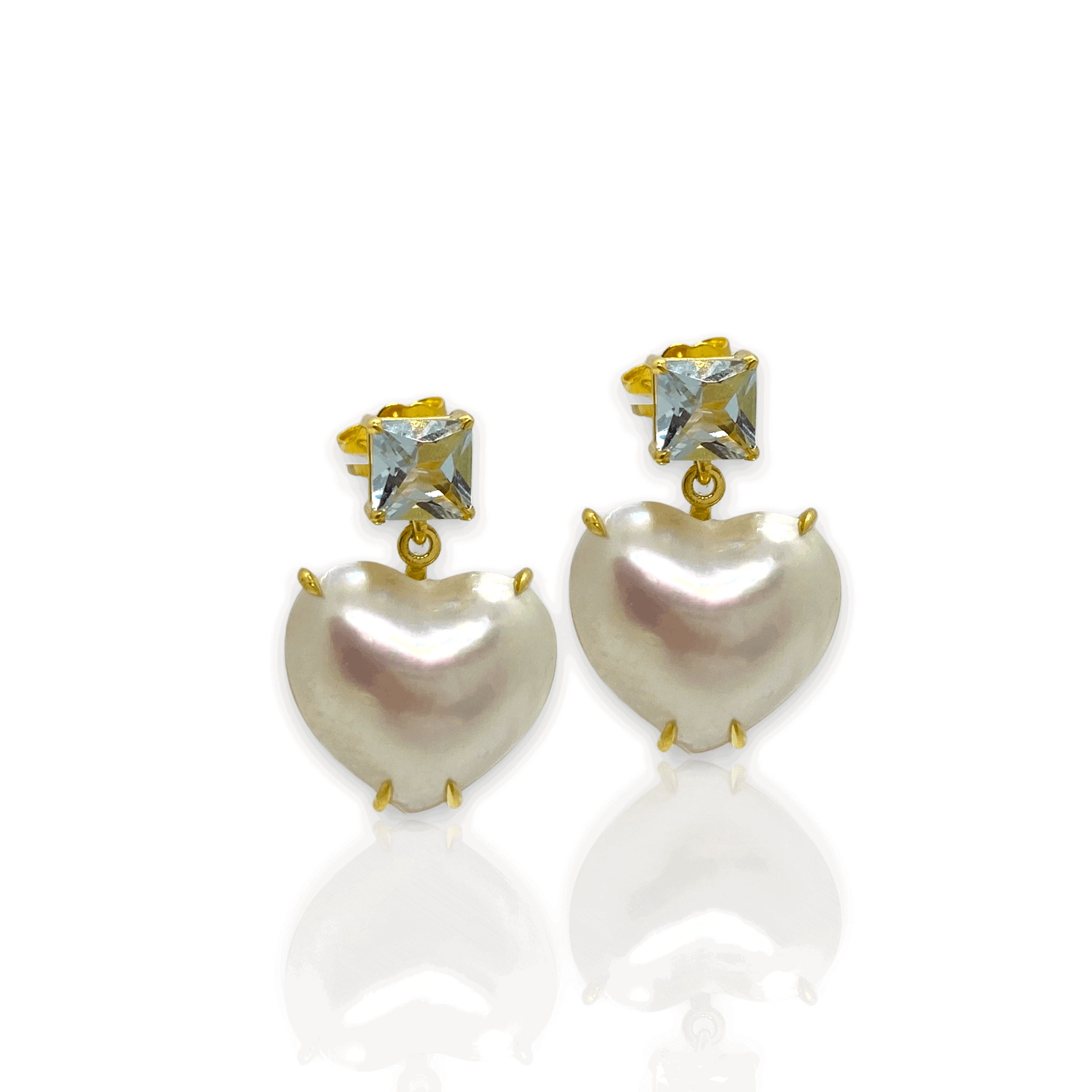 Mabe heart earrings with aquamarines — Melina Fachidis