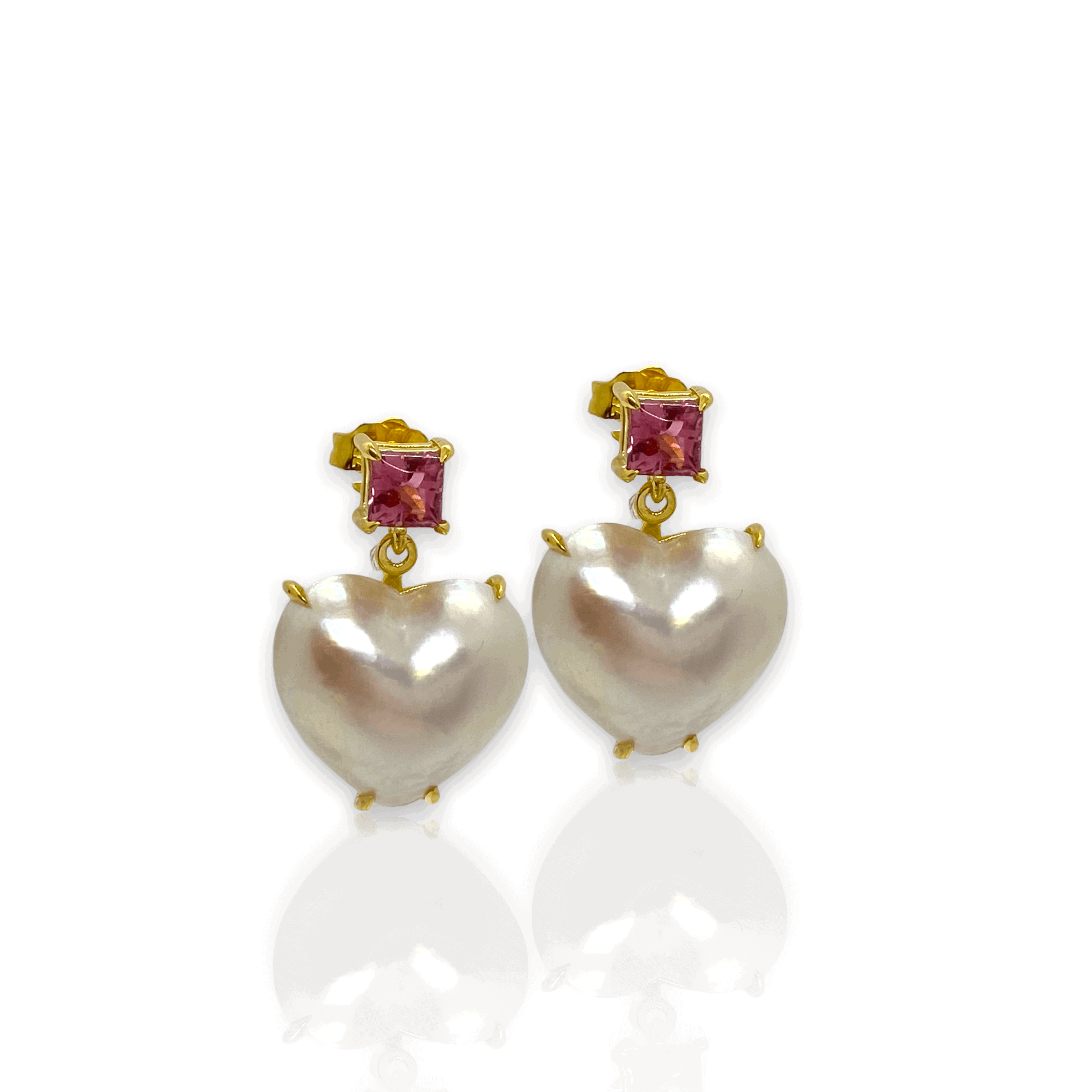 Mabe heart earrings with pink tourmaline — Melina Fachidis